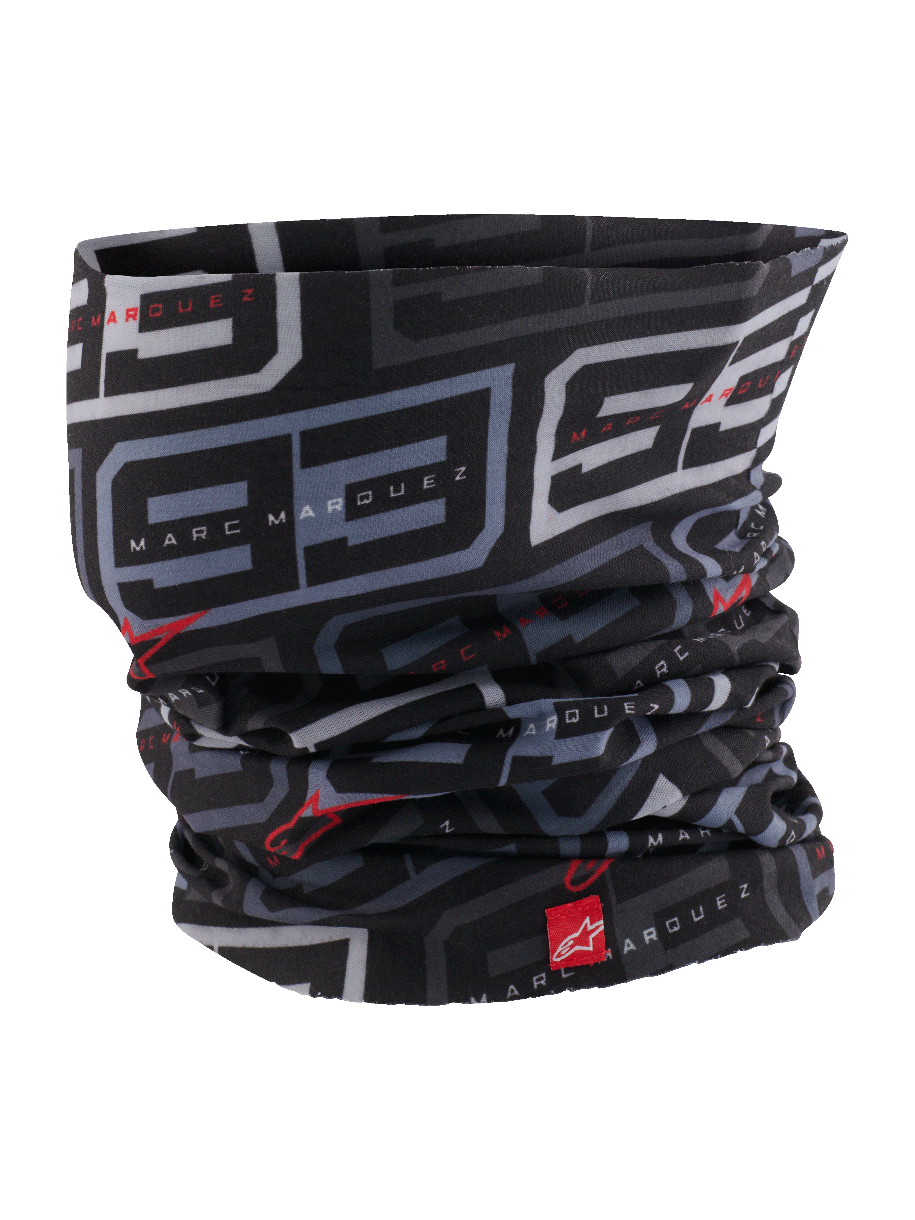 Alpinestars MM93 Neck Tube, Motorrad-Halswärmer, Schwarz, Anthrazit und leuchtendes Rot, mit wiederkehrendem grauen „93“-Muster und Marc Marquez Branding, roten Alpinestars-Logos, leichtes seidiges Material für Straßenfahrten im Frühjahr und Sommer