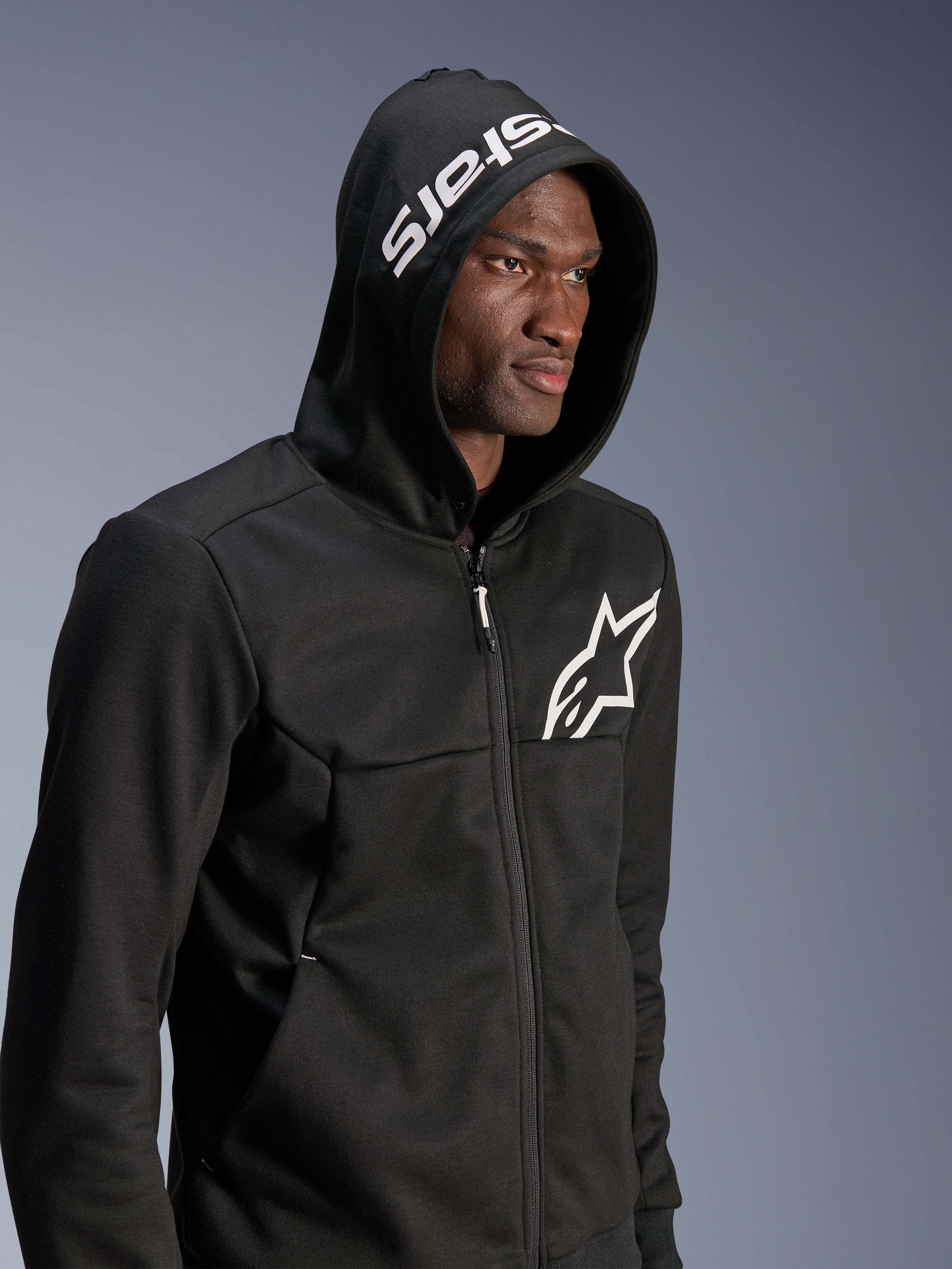 Alpinestars Chrome V2 Sport Hoodie, Black and White Urban Riding Hoodie for Men, Tech Fleece, Hood Up.