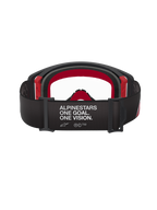 Alpinestars Supertech Corp Goggles, Motocross-Brille, Schwarz und Rot mit klarem Glas, Rückansicht mit breitem schwarzem Band und weißem „ALPINESTARS ONE GOAL. ONE VISION.“-Branding, mehrlagiger Gesichtsschaum und rote Rahmenakzente.