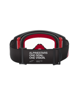 Alpinestars Supertech Corp Goggles, Motocross Goggles, Black and Red with Clear Lens, rear view showing wide black strap with white 'ALPINESTARS ONE GOAL. ONE VISION.' branding, multi-layer face foam and red frame accents