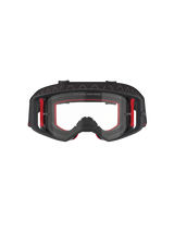 Alpinestars Supertech Corp Goggles, Motocross Goggles, Black Red and Clear, front view, clear lens with 'ONE GOAL. ONE VISION.' text, black frame with red side accents, wide field of vision, durable strap with wavy silicone grip