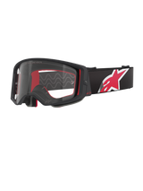 Alpinestars Supertech Corp Goggles, Black and Red frame with Clear Lens, black adjustable strap featuring a large red and white star logo, professional motocross eyewear designed for off-road racing