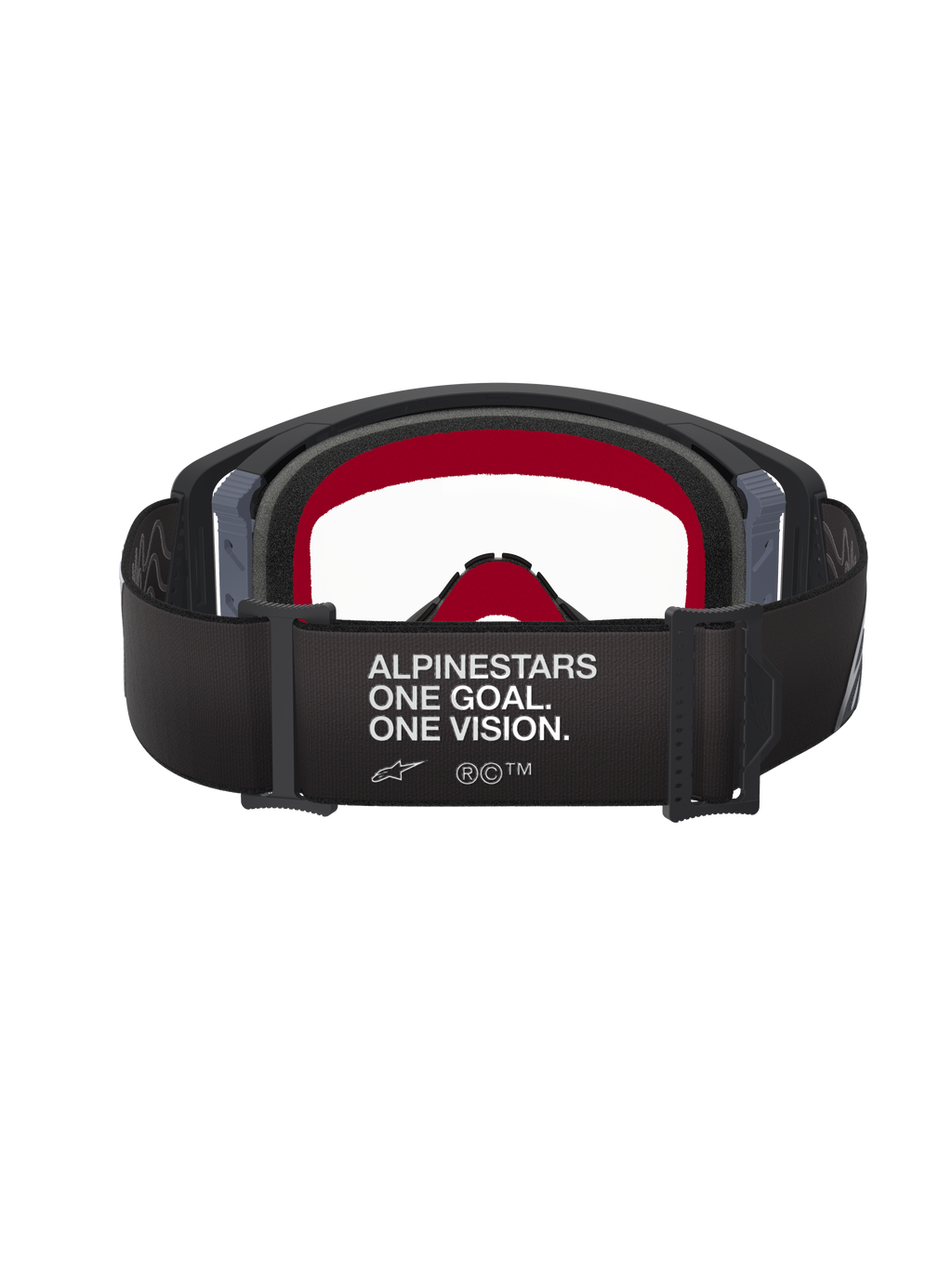 Alpinestars Supertech Corp Goggles, Motocross-Brille, schwarz-grauer Rahmen mit klarer Sichtscheibe, Rückansicht mit schwarzem Band, Slogan 'ALPINESTARS ONE GOAL. ONE VISION.' und rotem Innengesichtsschaum
