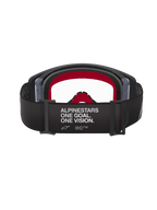 Alpinestars Supertech Corp Goggles, Motocross-Brille, schwarz-grauer Rahmen mit klarer Sichtscheibe, Rückansicht mit schwarzem Band, Slogan 'ALPINESTARS ONE GOAL. ONE VISION.' und rotem Innengesichtsschaum