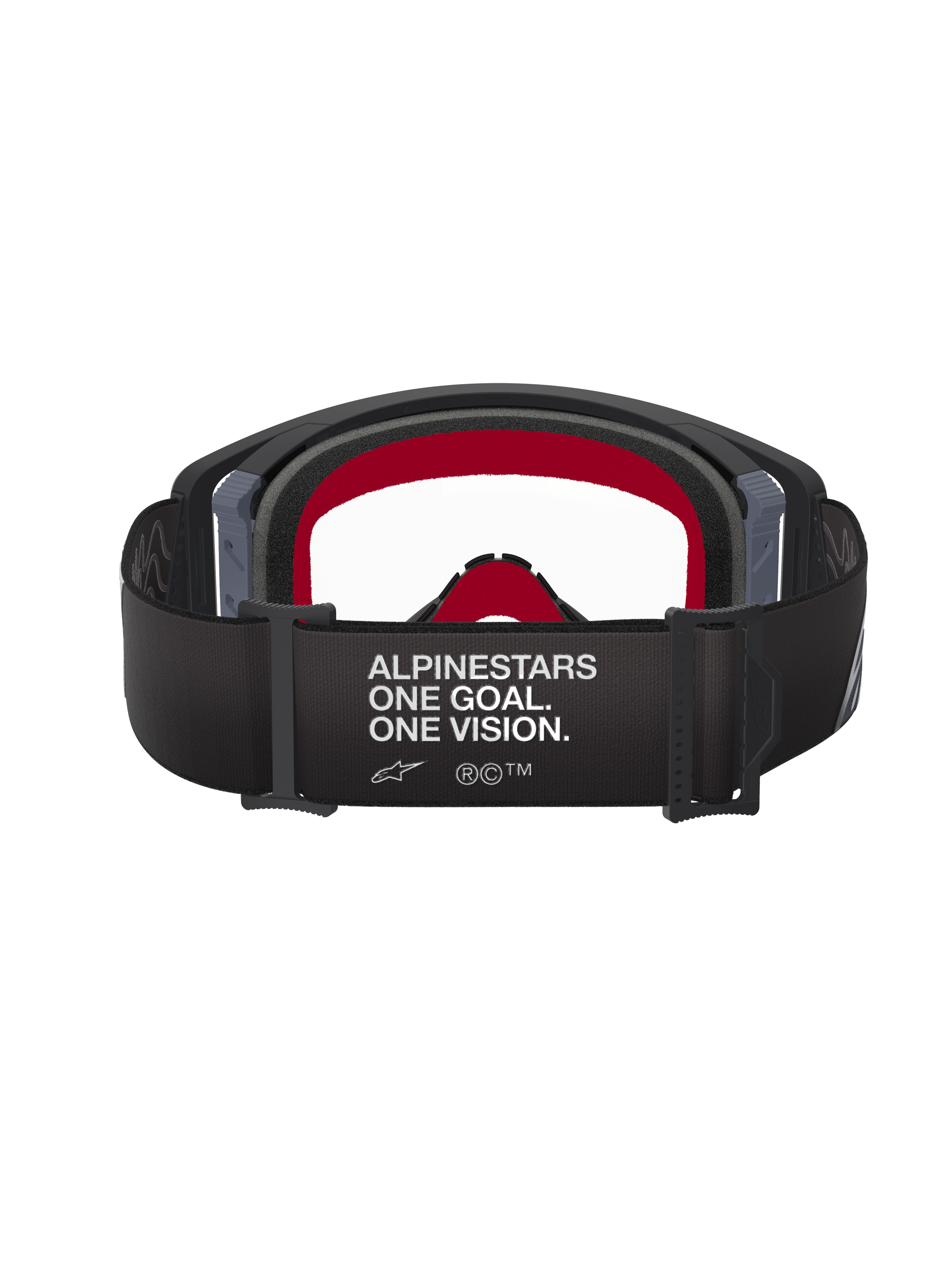 Alpinestars Supertech Corp Goggles, Motocross-Brille, schwarz-grauer Rahmen mit klarer Sichtscheibe, Rückansicht mit schwarzem Band, Slogan 'ALPINESTARS ONE GOAL. ONE VISION.' und rotem Innengesichtsschaum