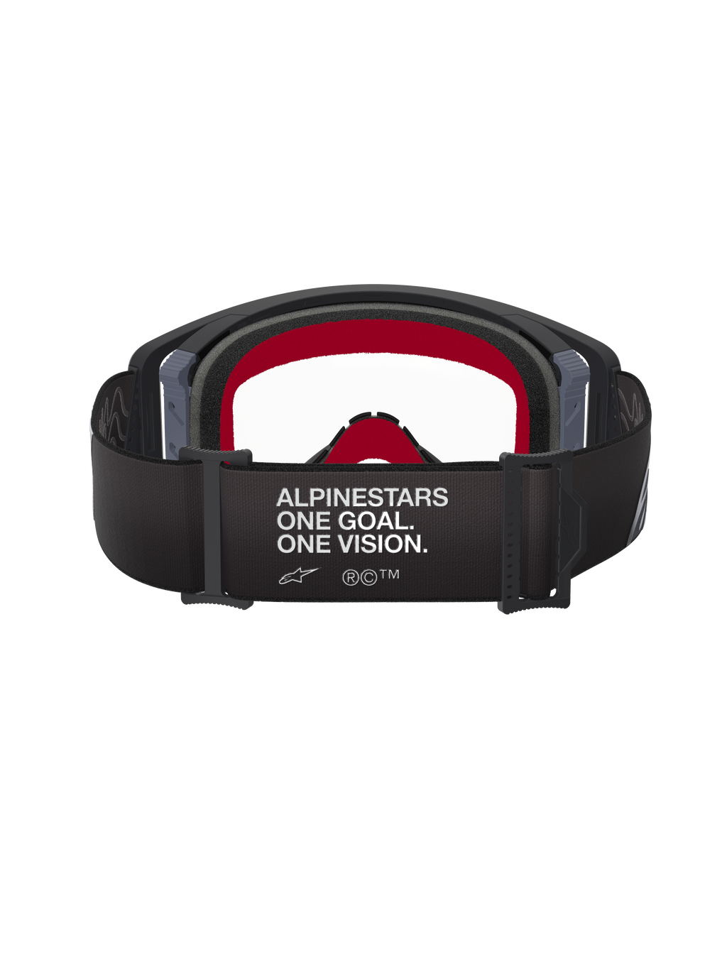Alpinestars Supertech Corp Brille, Schwarz und Grau, Rückansicht mit breitem schwarzem Band mit weißem „ALPINESTARS ONE GOAL. ONE VISION.“ Schriftzug, rotem Innenschaum und klarem Glas, Hochleistungs-Motocross-Brille