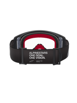 Alpinestars Supertech Corp Goggles, Black and Grey, Rear view showing the wide black strap with 'ALPINESTARS ONE GOAL. ONE VISION.' white text, red inner face foam, and clear lens, high-performance motocross eyewear