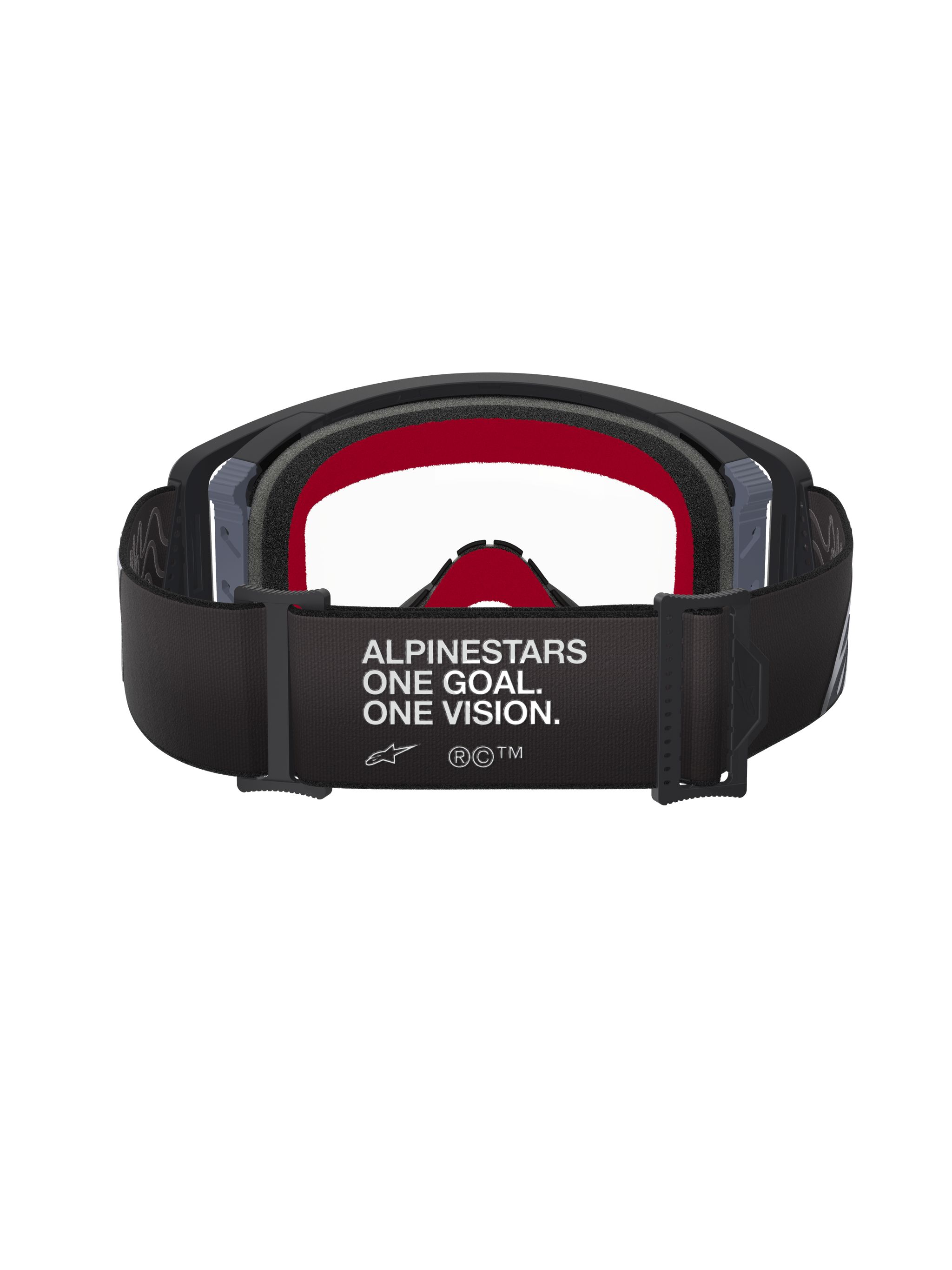 Alpinestars Supertech Corp Goggles, Black and Grey, Rear view showing the wide black strap with 'ALPINESTARS ONE GOAL. ONE VISION.' white text, red inner face foam, and clear lens, high-performance motocross eyewear