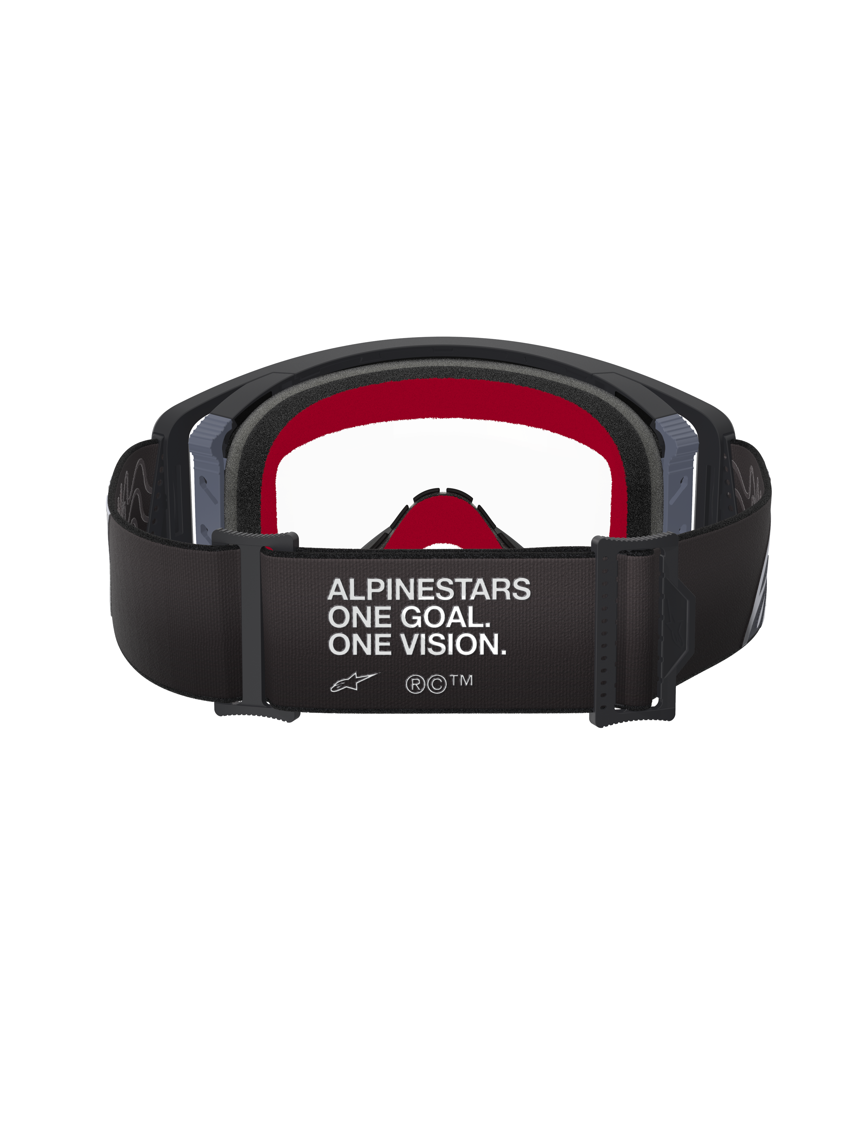 Alpinestars Supertech Corp Brille, Schwarz und Grau, Rückansicht mit breitem schwarzem Band mit weißem „ALPINESTARS ONE GOAL. ONE VISION.“ Schriftzug, rotem Innenschaum und klarem Glas, Hochleistungs-Motocross-Brille