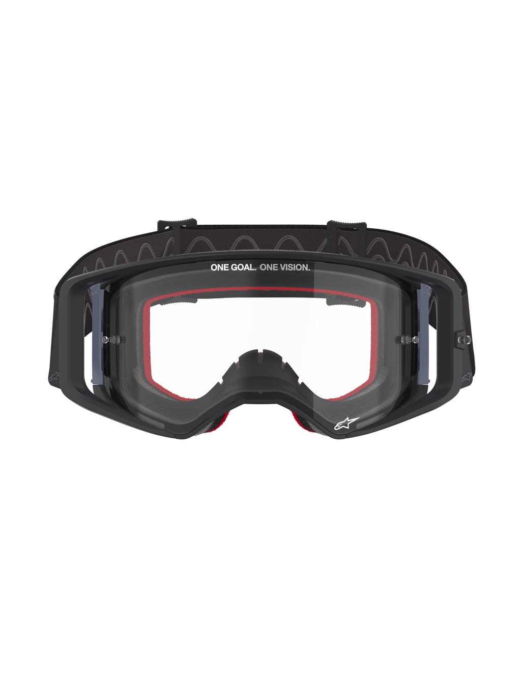 Alpinestars Supertech Corp Goggles, Motocross-Brille, schwarzer Rahmen mit klarer Scheibe, roter Innenschaum, 'ONE GOAL. ONE VISION.'-Schriftzug auf der oberen Scheibe, schwarzes silikonbeschichtetes Band, professionelle Offroad-Rennbrille