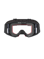 Alpinestars Supertech Corp Goggles, Motocross-Brille, schwarzer Rahmen mit klarer Scheibe, roter Innenschaum, 'ONE GOAL. ONE VISION.'-Schriftzug auf der oberen Scheibe, schwarzes silikonbeschichtetes Band, professionelle Offroad-Rennbrille