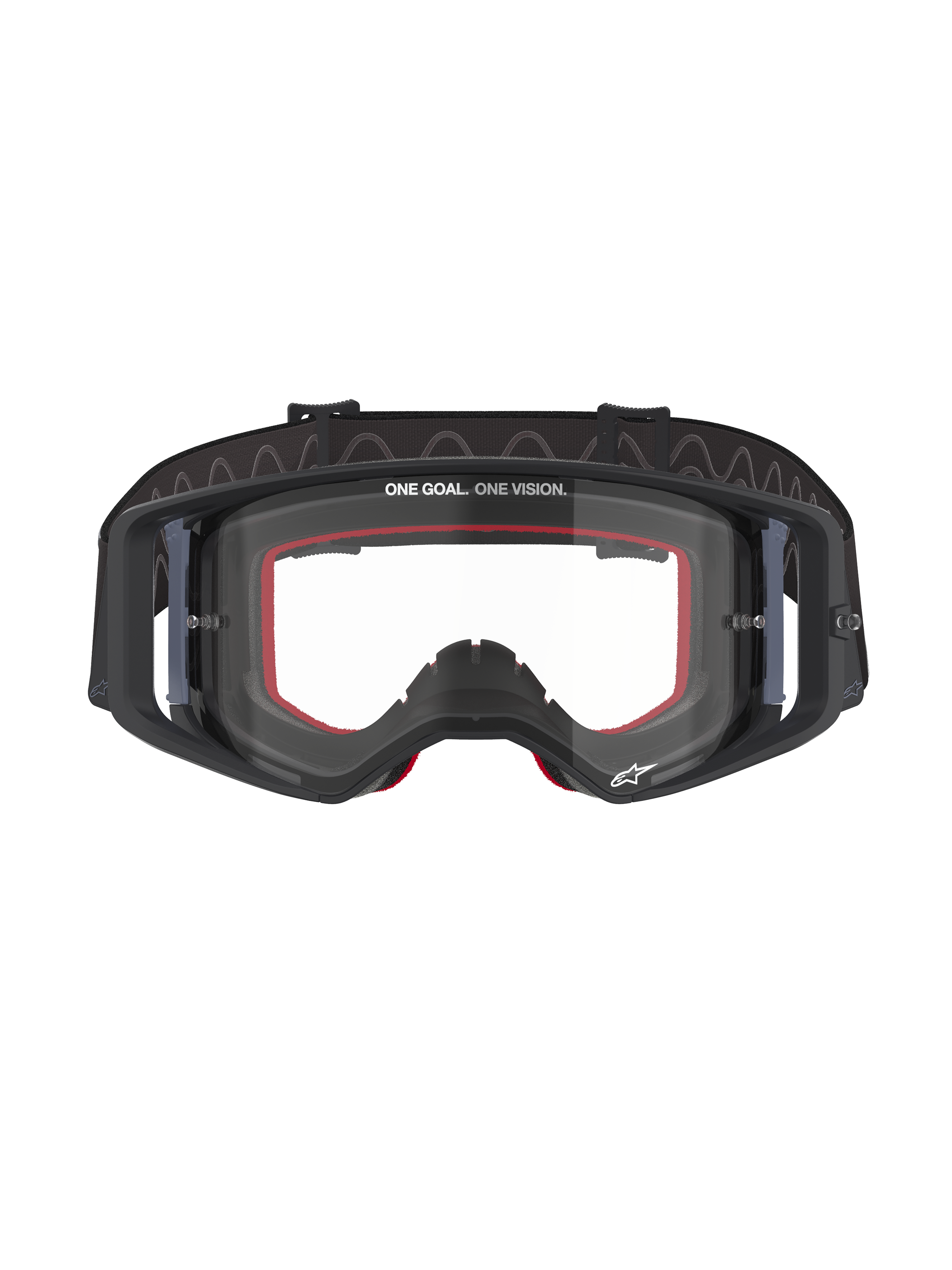 Alpinestars Supertech Corp Goggles, Motocross-Brille, schwarzer Rahmen mit klarer Scheibe, roter Innenschaum, 'ONE GOAL. ONE VISION.'-Schriftzug auf der oberen Scheibe, schwarzes silikonbeschichtetes Band, professionelle Offroad-Rennbrille