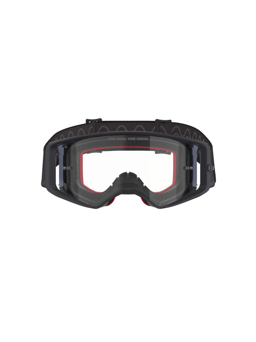 Alpinestars Supertech Corp Goggles, Motocross-Brille, Schwarz und Grau mit klarem Glas, Frontansicht mit rotem Innenschaum und breitem schwarzem verstellbarem Band, Hochleistungs-Offroad-Brille