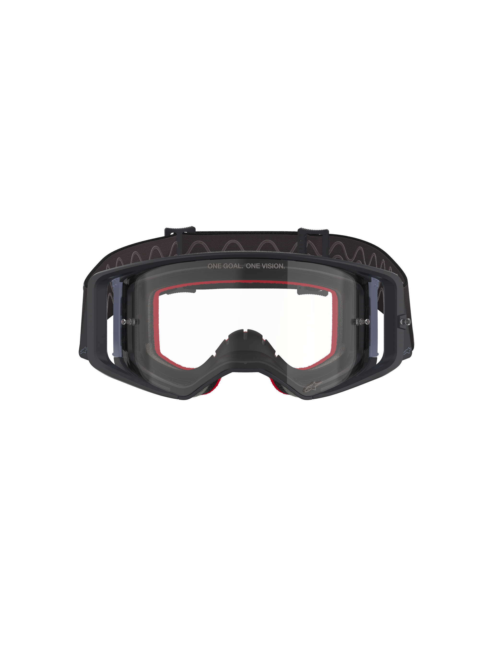 Alpinestars Supertech Corp Goggles, Motocross Goggles, Black and Grey with Clear Lens, front view featuring red interior foam and wide black adjustable strap, high-performance off-road eyewear