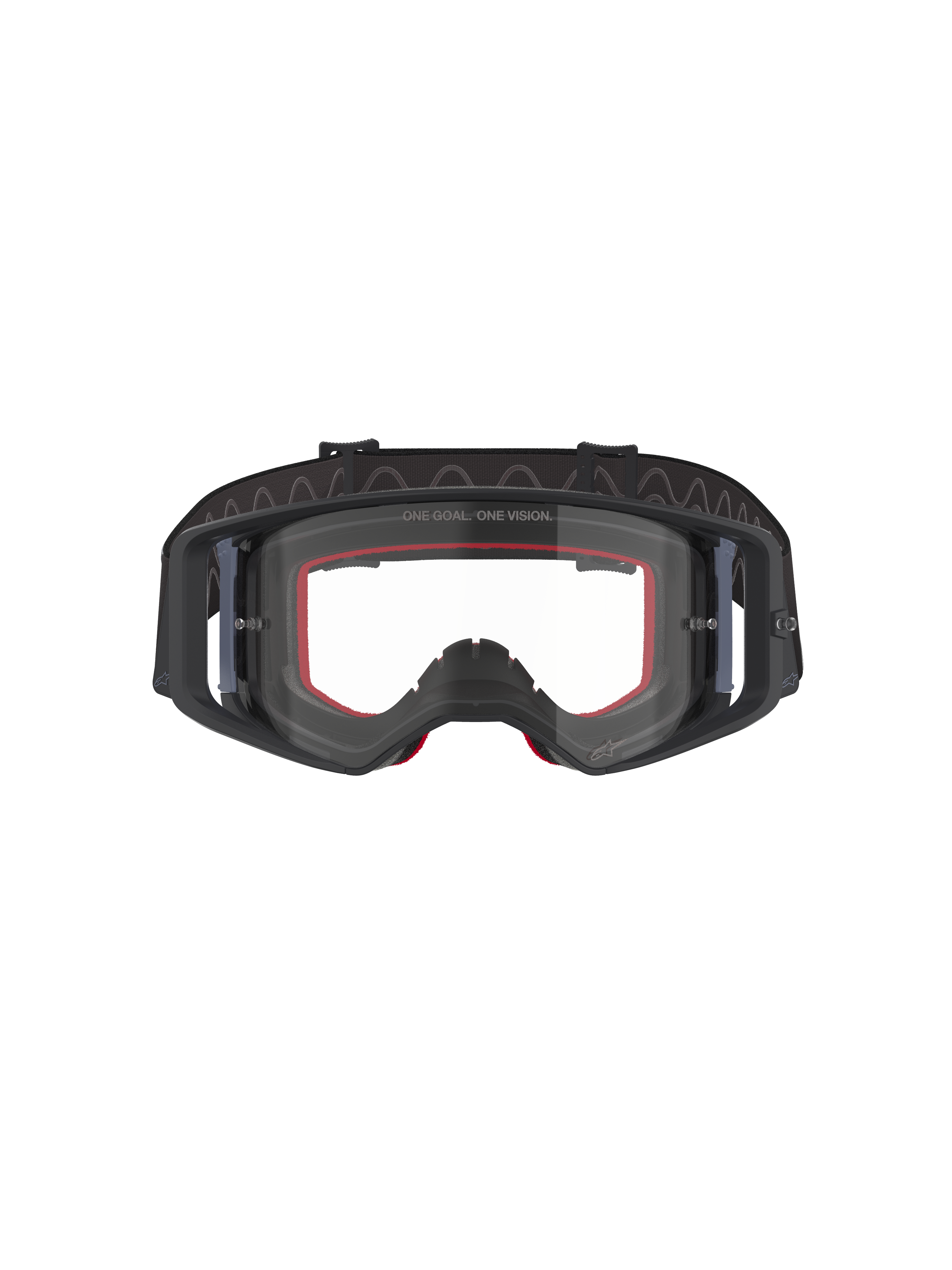 Alpinestars Supertech Corp Goggles, Motocross-Brille, Schwarz und Grau mit klarem Glas, Frontansicht mit rotem Innenschaum und breitem schwarzem verstellbarem Band, Hochleistungs-Offroad-Brille