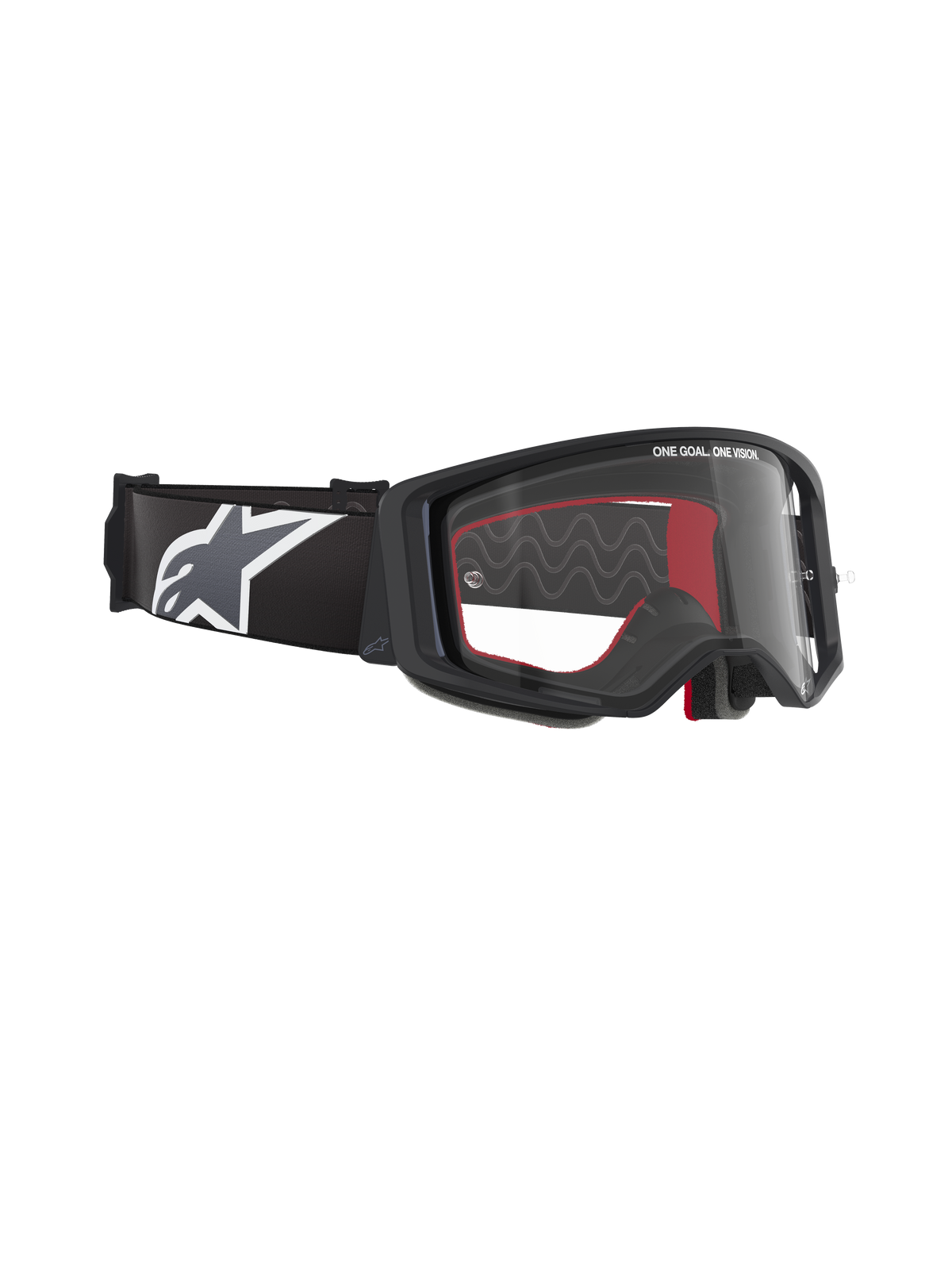 Alpinestars Supertech Corp Goggles, Motocross-Brille, schwarzer Rahmen mit klarem Glas, verstellbares schwarzes Band mit großem weißen Alpinestars Stern-Logo, rote Schaumstoff-Innenakzente, professioneller Augenschutz für Offroad-Rennsport