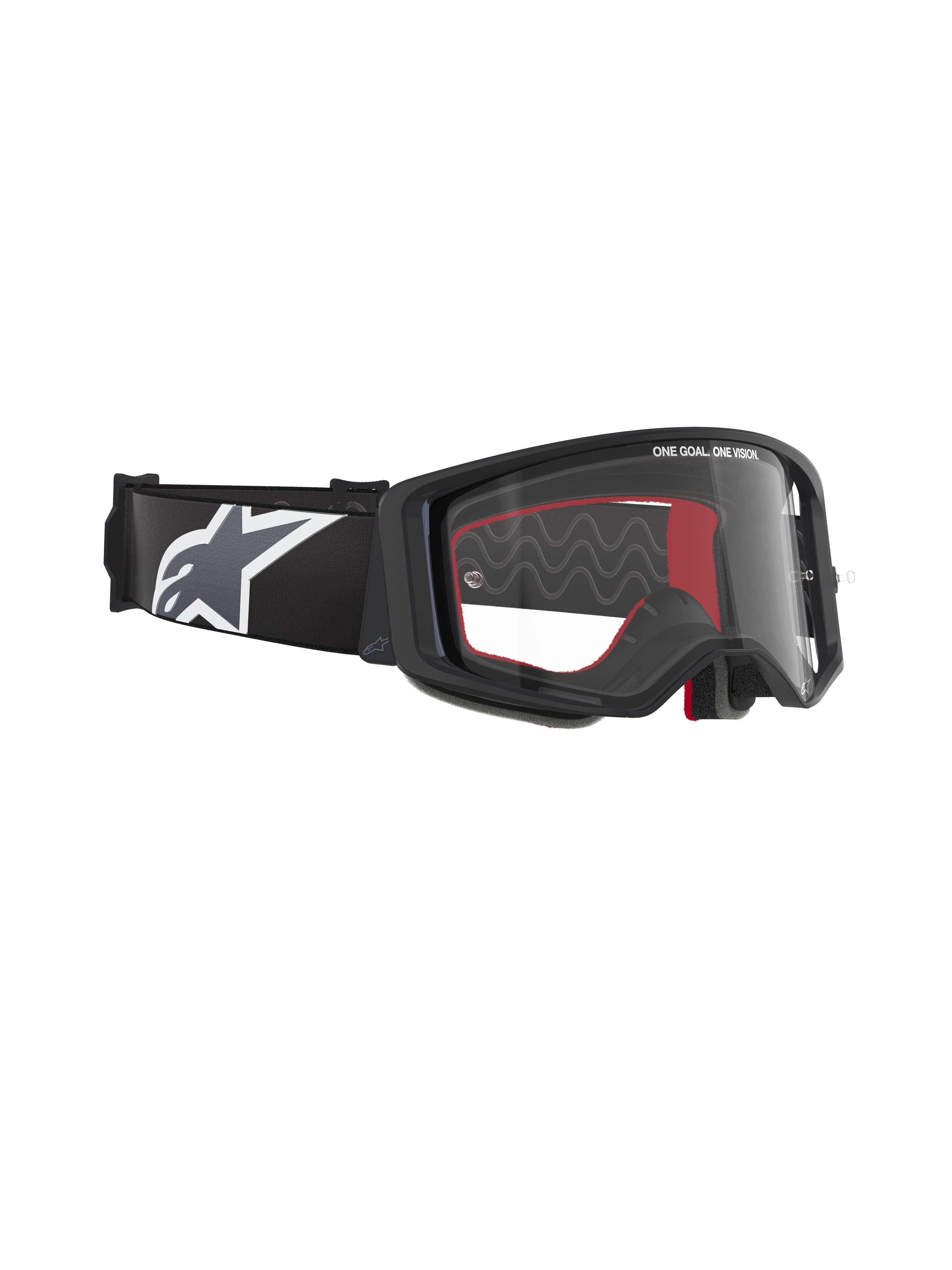 Alpinestars Supertech Corp Goggles, Motocross-Brille, schwarzer Rahmen mit klarem Glas, verstellbares schwarzes Band mit großem weißen Alpinestars Stern-Logo, rote Schaumstoff-Innenakzente, professioneller Augenschutz für Offroad-Rennsport
