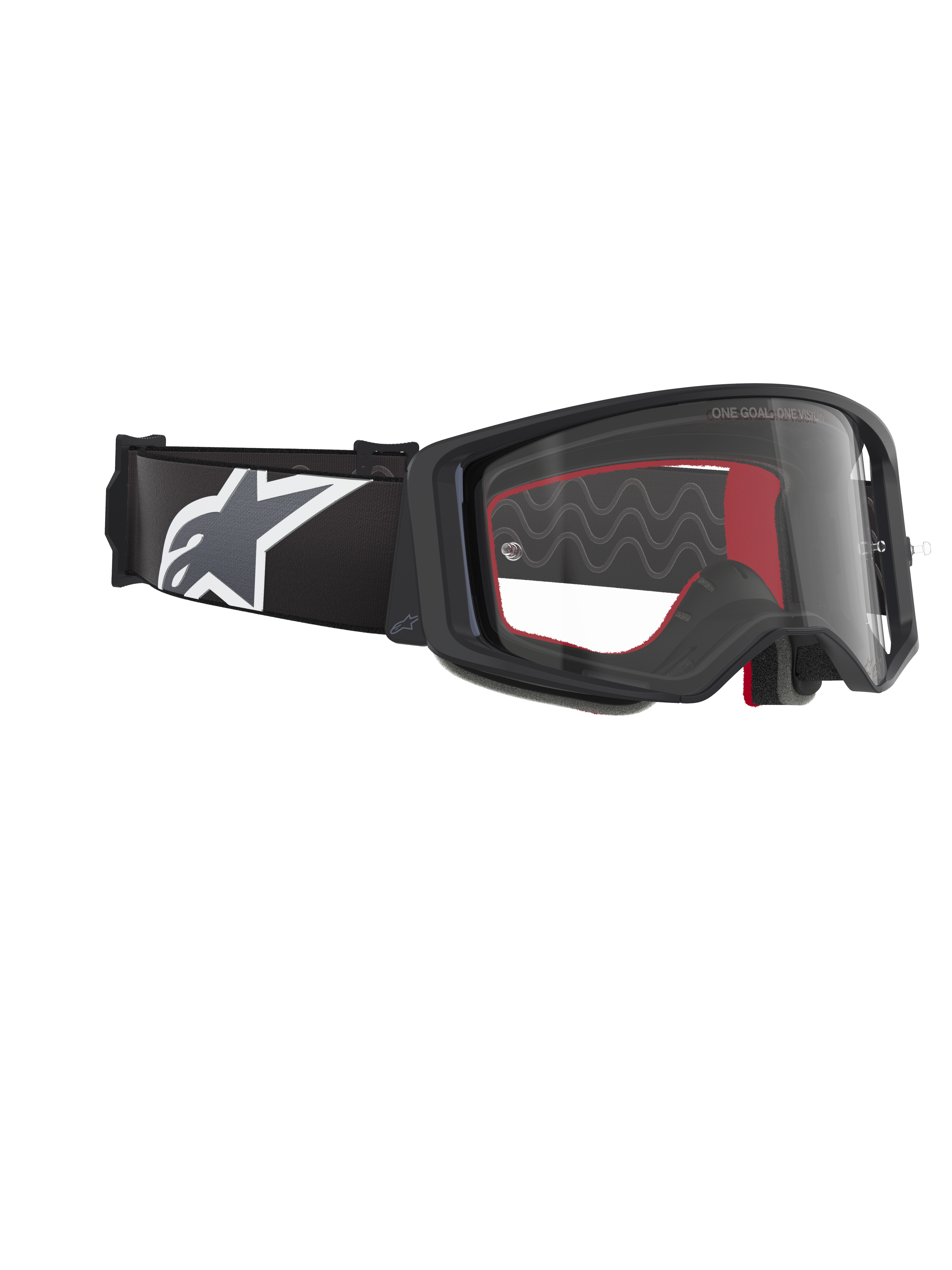 Alpinestars Supertech Corp Goggles, Motocross-Brille, Schwarz-Grau-Klar, mit klarem Polycarbonat-Glas, breites schwarzes Band mit grau-weißem Astars-Logo, 3D-geformter Gesichtsschaum, leistungsstarke Schutzbrille für den Offroad-Rennsport