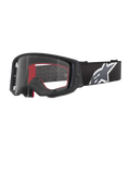 Alpinestars Supertech Corp Goggles, Motocross-Brille, Schwarz, Grau und Klar, klare Polycarbonatscheibe mit schwarzem Rahmen, roter Innenschaumstoff, breites verstellbares Band mit großem weiß-grauen Astars-Logo, schützende Offroad-Brille