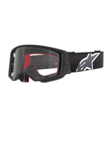 Alpinestars Supertech Corp Goggles, Motocross Goggles, Black Grey and Clear, clear polycarbonate lens with black frame, red internal face foam, wide adjustable strap with large white and grey Astars logo, protective off-road eyewear