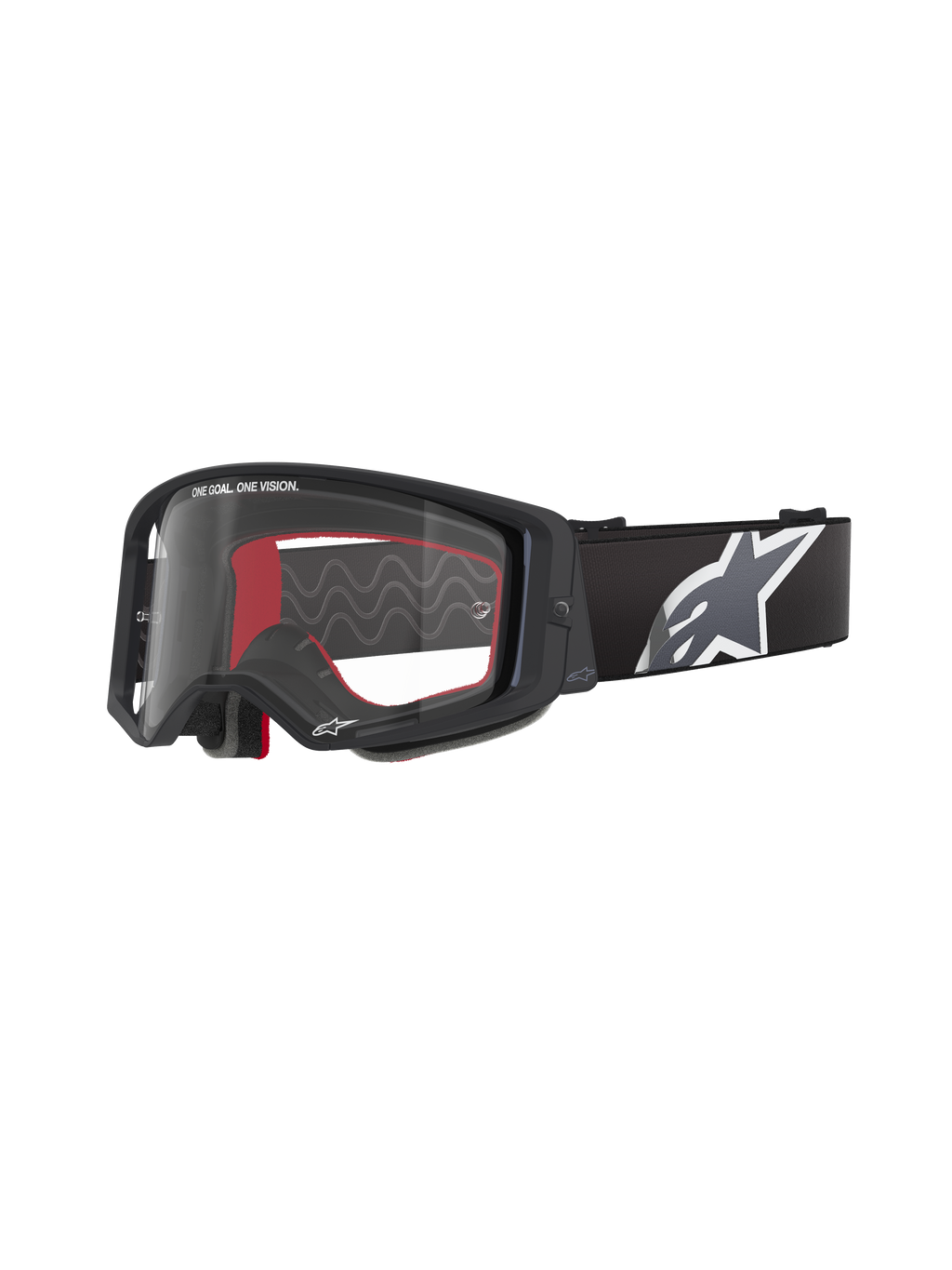 Alpinestars Supertech Corp Goggles, Motocross-Schutzbrille, Schwarz mit roter Innenseite, klares Glas, schwarzes Band mit großem weißem Stern-Logo, „ONE GOAL. ONE VISION.“ Branding, Performance-Offroad-Brille