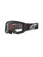 Alpinestars Supertech Corp Goggles, Motocross-Schutzbrille, Schwarz mit roter Innenseite, klares Glas, schwarzes Band mit großem weißem Stern-Logo, „ONE GOAL. ONE VISION.“ Branding, Performance-Offroad-Brille