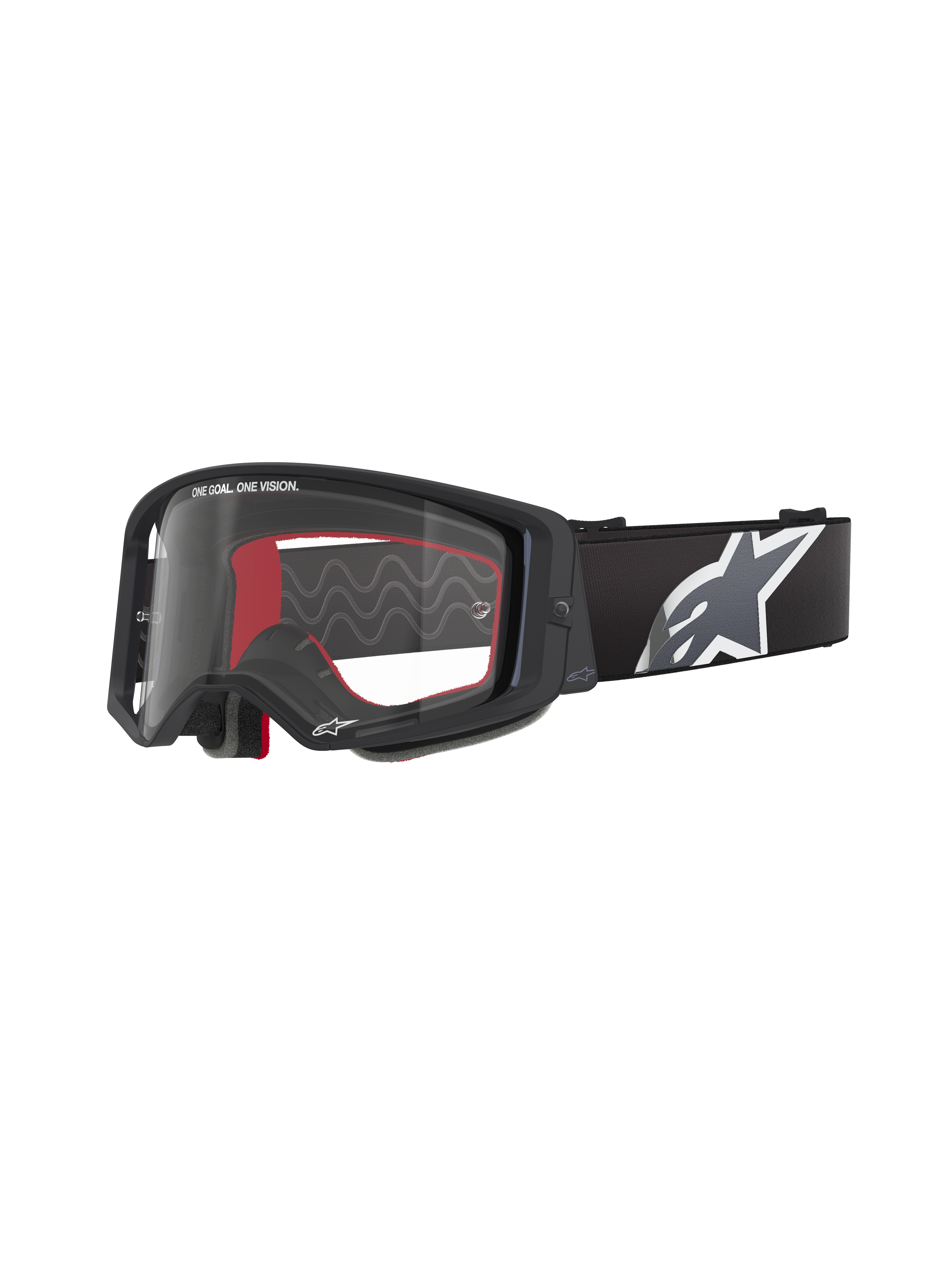 Alpinestars Supertech Corp Goggles, Motocross-Schutzbrille, Schwarz mit roter Innenseite, klares Glas, schwarzes Band mit großem weißem Stern-Logo, „ONE GOAL. ONE VISION.“ Branding, Performance-Offroad-Brille