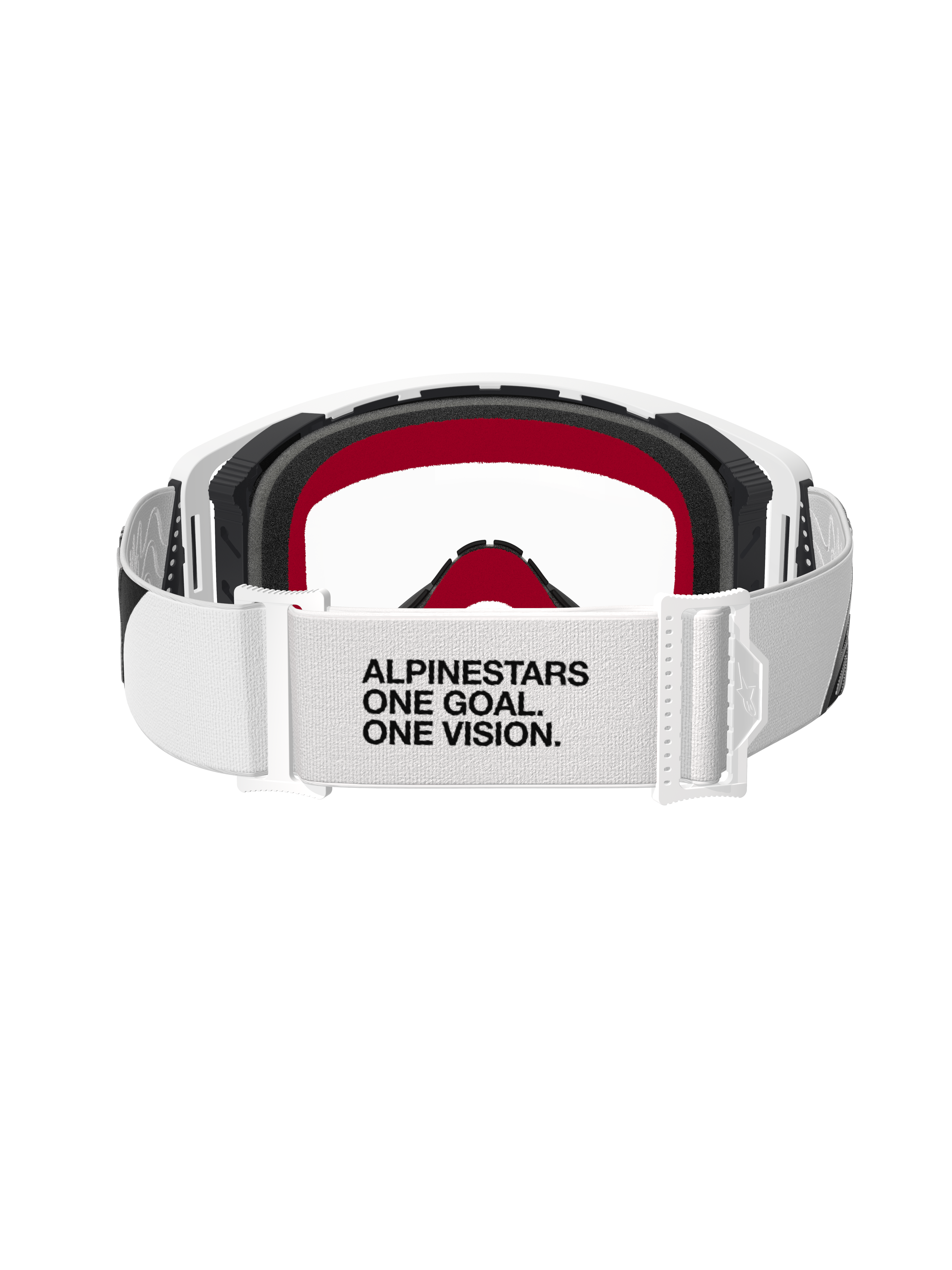 Alpinestars Supertech Corp Goggles, Motocross Goggles, White frame with Clear lens, rear view featuring white adjustable strap with black text 'ALPINESTARS ONE GOAL. ONE VISION.', black foam with red accents, high-performance off-road protective eyewear