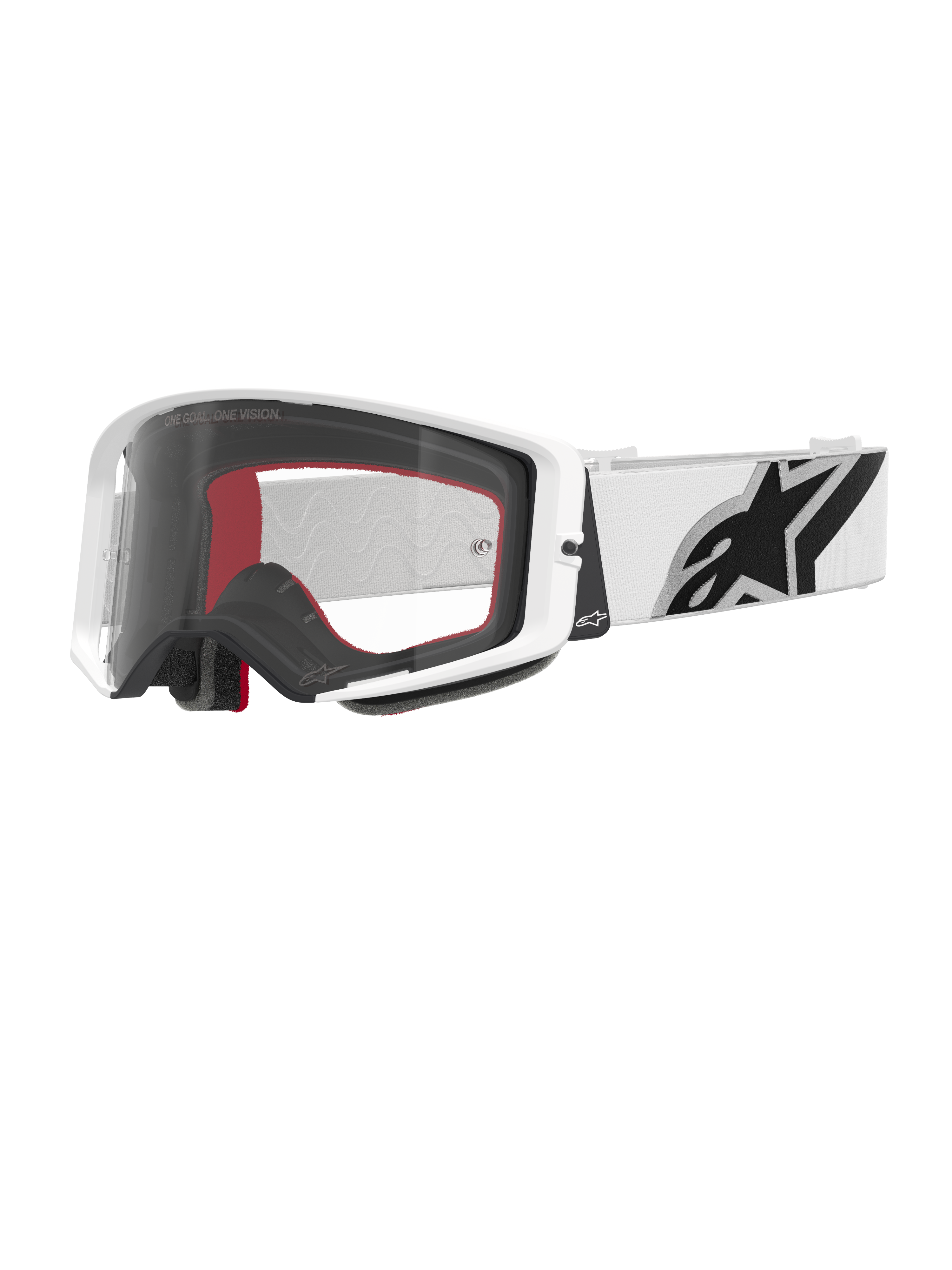 Alpinestars Supertech Corp Goggles, Motocross Goggles, White and Clear, white frame with clear polycarbonate lens, white strap with prominent black Alpinestars logo, red and black multi-layer face foam