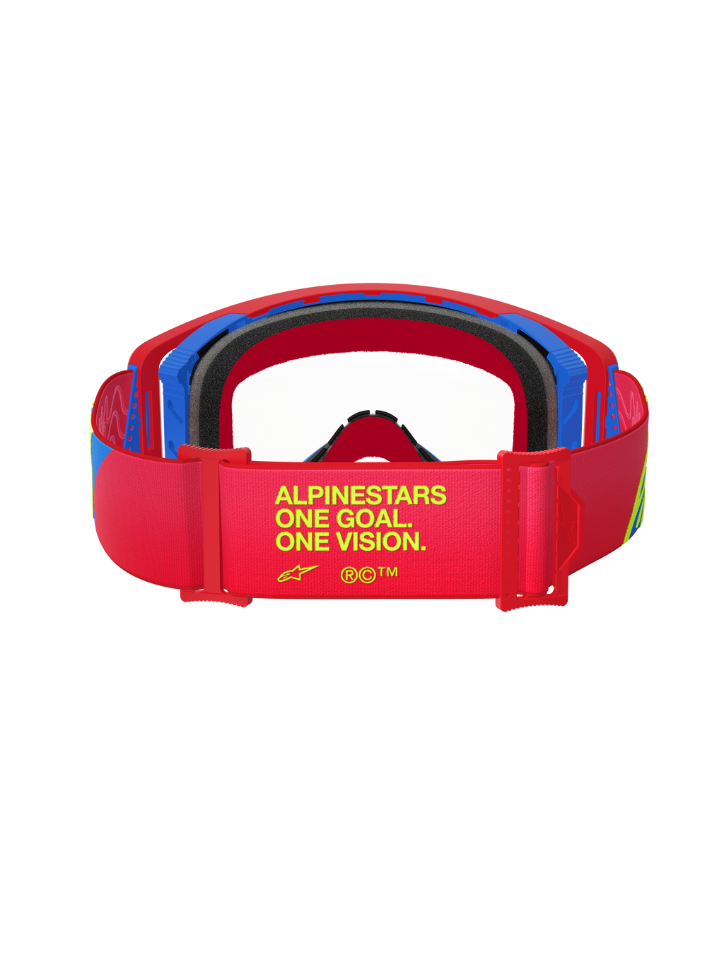 Alpinestars Supertech Corp Brille, Rot und Blau, Rückansicht mit Brillenband und gelbem Text „ALPINESTARS ONE GOAL. ONE VISION.“, schwarzer Gesichtsschaum, Offroad-Motocross-Schutzbrille