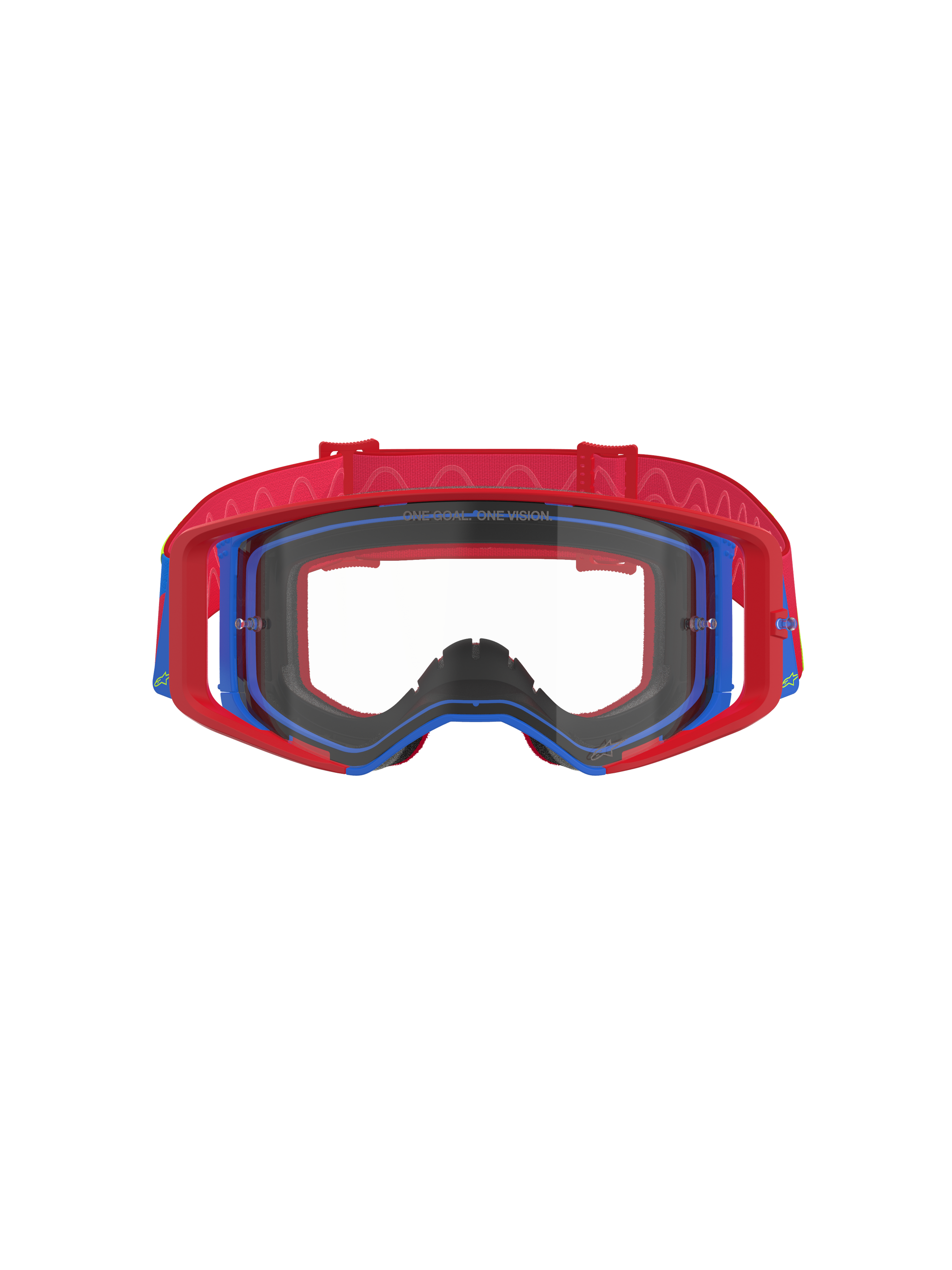 Alpinestars Supertech Corp Goggles, Motocross-Brille, Rot und Blau mit klarer Scheibe, roter Außenrahmen und blauer Innenrahmen, rotes Band mit wellenförmigem Silikonmuster, Performance-Brille für den Offroad-Rennsport