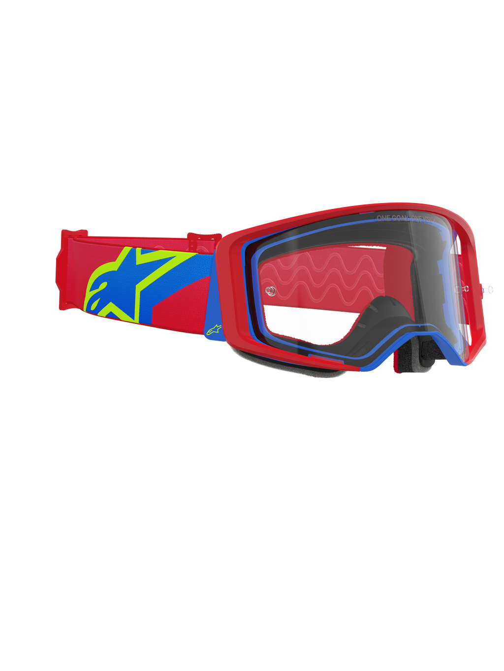 Alpinestars Supertech Corp Goggles, Motocross-Brille, roter und blauer Rahmen mit klarem Glas, rotes und blaues Band mit großem gelb-blauen Stern-Logo, professioneller Augenschutz für Offroad-Rennen