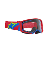 Alpinestars Supertech Corp Goggles, Motocross-Brille, roter und blauer Rahmen mit klarem Glas, rotes und blaues Band mit großem gelb-blauen Stern-Logo, professioneller Augenschutz für Offroad-Rennen