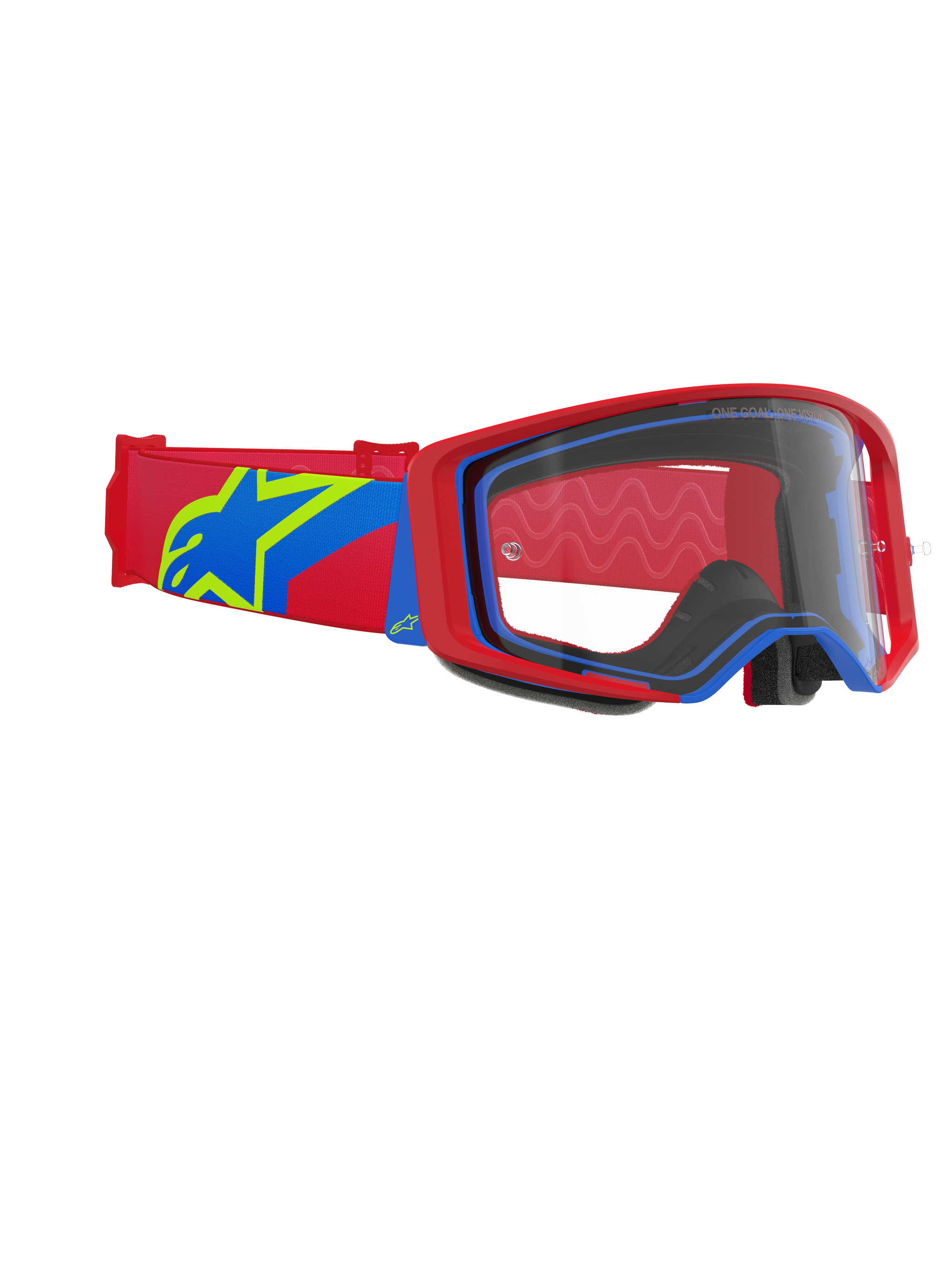 Alpinestars Supertech Corp Goggles, Motocross-Brille, roter und blauer Rahmen mit klarem Glas, rotes und blaues Band mit großem gelb-blauen Stern-Logo, professioneller Augenschutz für Offroad-Rennen