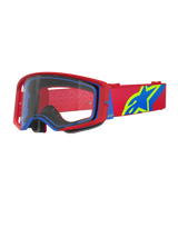 Alpinestars Supertech Corp Goggles, Motocross-Brille, Rot und Blau mit klarer Scheibe, mit rotem verstellbarem Band mit großem blauem und lindgrünem Stern-Logo, mehrlagiger Gesichtsschaum für Komfort, Hochleistungs-Augenschutz für den Offroad-Rennsport
