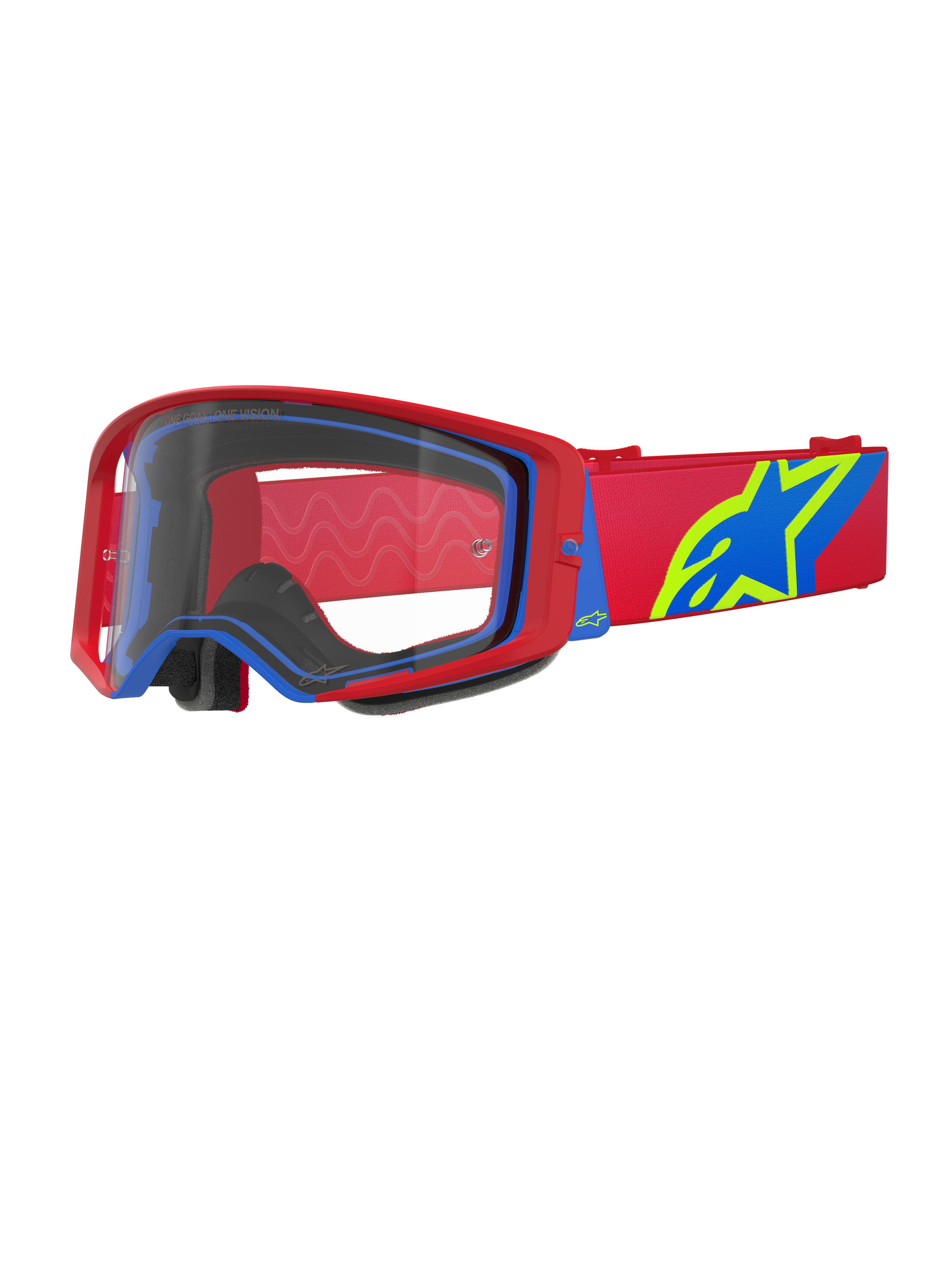 Alpinestars Supertech Corp Goggles, Motocross-Brille, Rot und Blau mit klarer Scheibe, mit rotem verstellbarem Band mit großem blauem und lindgrünem Stern-Logo, mehrlagiger Gesichtsschaum für Komfort, Hochleistungs-Augenschutz für den Offroad-Rennsport