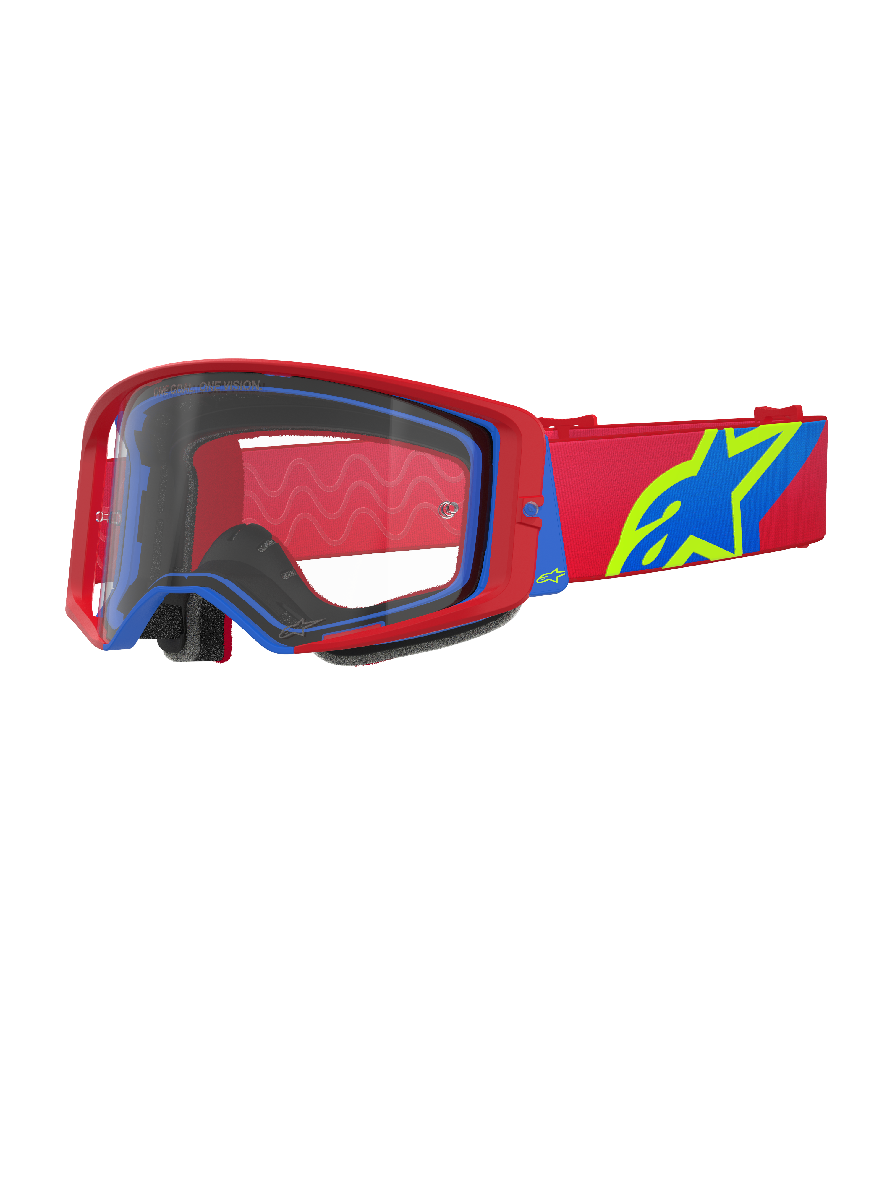 Alpinestars Supertech Corp Goggles, Motocross-Brille, Rot und Blau mit klarer Scheibe, mit rotem verstellbarem Band mit großem blauem und lindgrünem Stern-Logo, mehrlagiger Gesichtsschaum für Komfort, Hochleistungs-Augenschutz für den Offroad-Rennsport