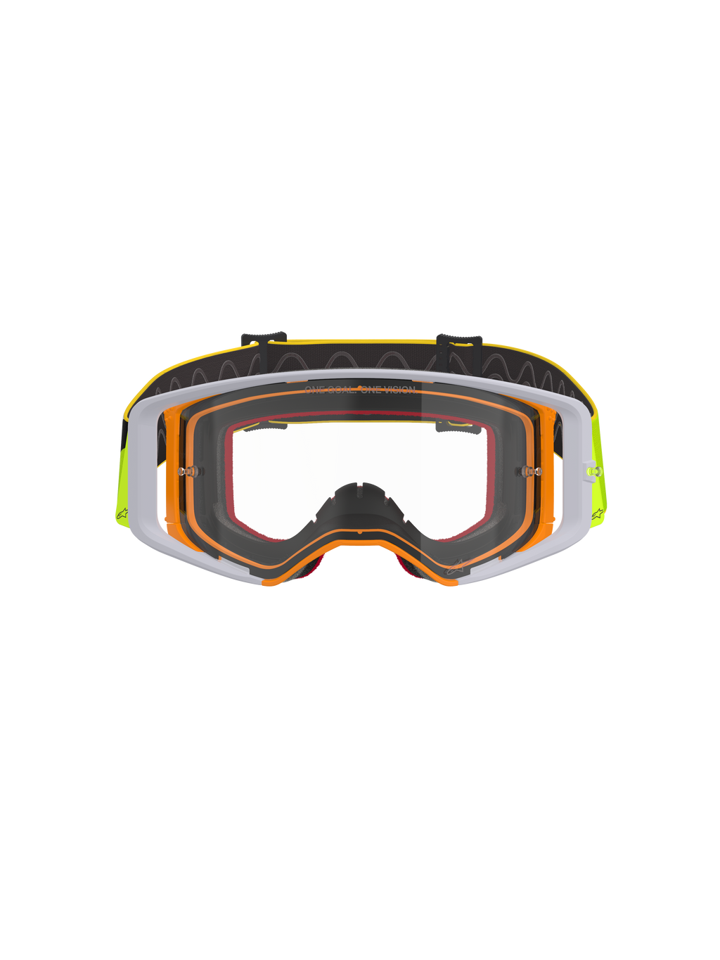 Alpinestars Supertech Corp Goggles, Motocross-Brille, neongelber und weißer Rahmen mit klarer Scheibe, graue Akzente, schwarzes verstellbares Band mit gelbem Branding und internem Silikon-Grip, Hochleistungs-Augenschutz für den Offroad-Rennsport