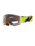 Alpinestars Supertech Corp Goggles, Motocross-Brille, Fluo-Gelb Grau Klar, grauer Außenrahmen mit orangefarbener Innendichtung, klare Scheibe, leuchtend gelbes Brillenband mit schwarz-weißem Alpinestars-Logo, Hochleistungsbrille für den Offroad-Rennsport