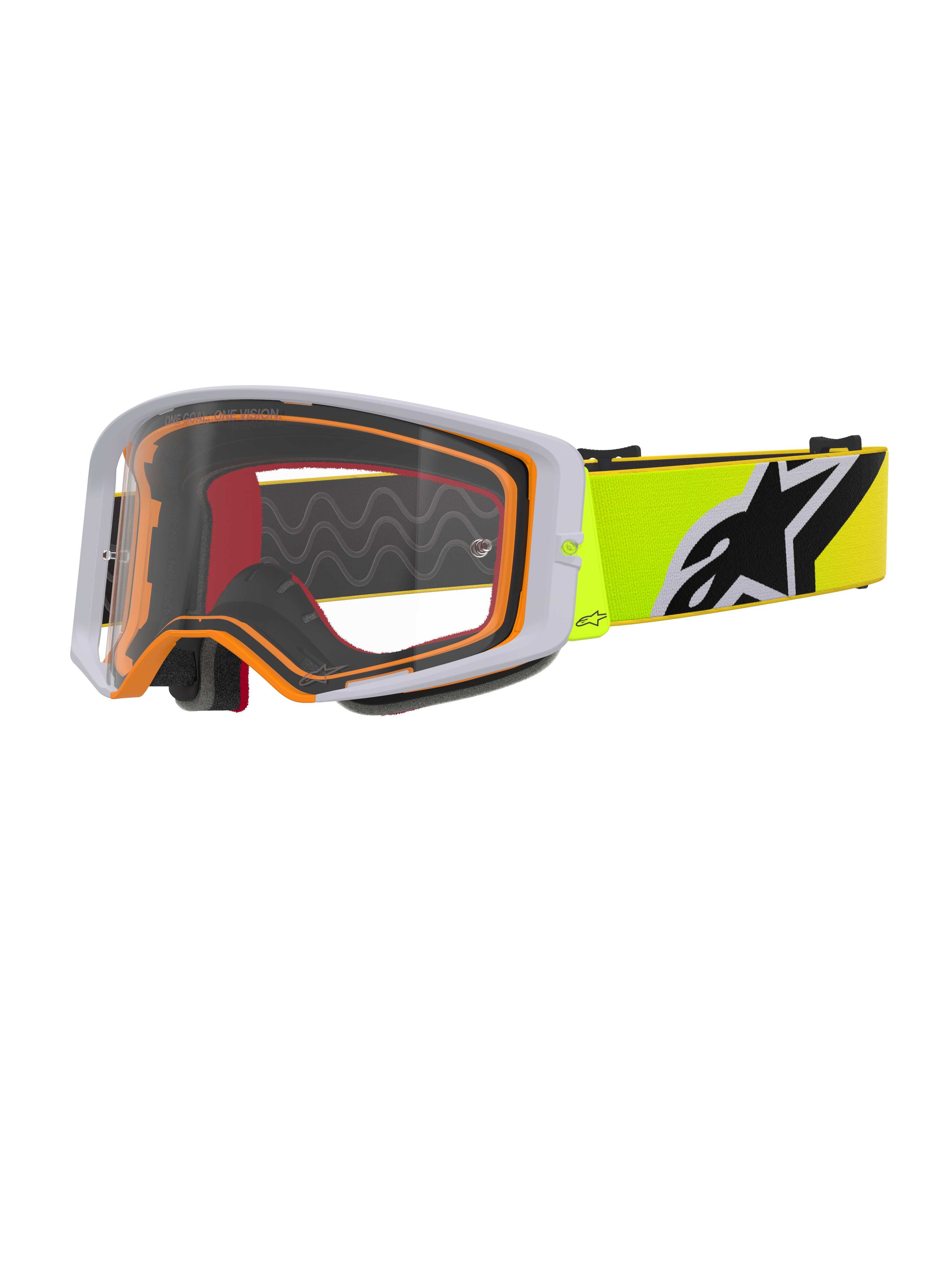 Alpinestars Supertech Corp Goggles, Motocross-Brille, Fluo-Gelb Grau Klar, grauer Außenrahmen mit orangefarbener Innendichtung, klare Scheibe, leuchtend gelbes Brillenband mit schwarz-weißem Alpinestars-Logo, Hochleistungsbrille für den Offroad-Rennsport