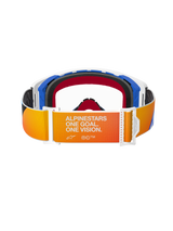 Alpinestars Supertech Corp Goggles, Motocross Goggles, Blue Orange Clear, rear view showing orange and yellow gradient strap with white 'ALPINESTARS ONE GOAL. ONE VISION.' text, white buckles, and blue frame accents.