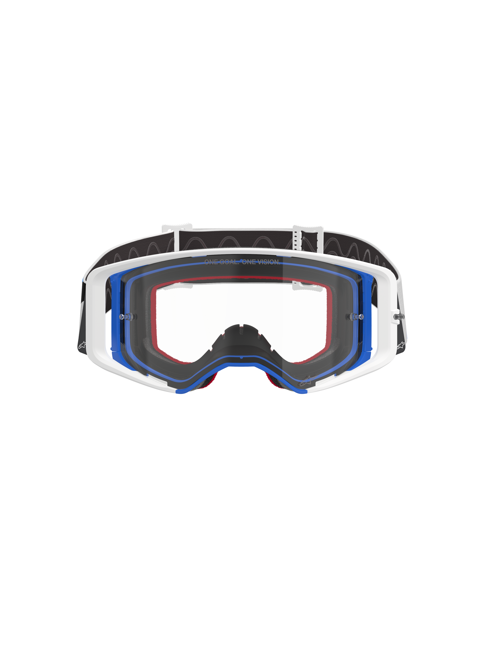 Alpinestars Supertech Corp Goggles, Motocross Goggles, Blue White and Orange with Clear Lens, black strap with white logo, professional off-road racing eyewear with wide field of vision and double-injected frame design