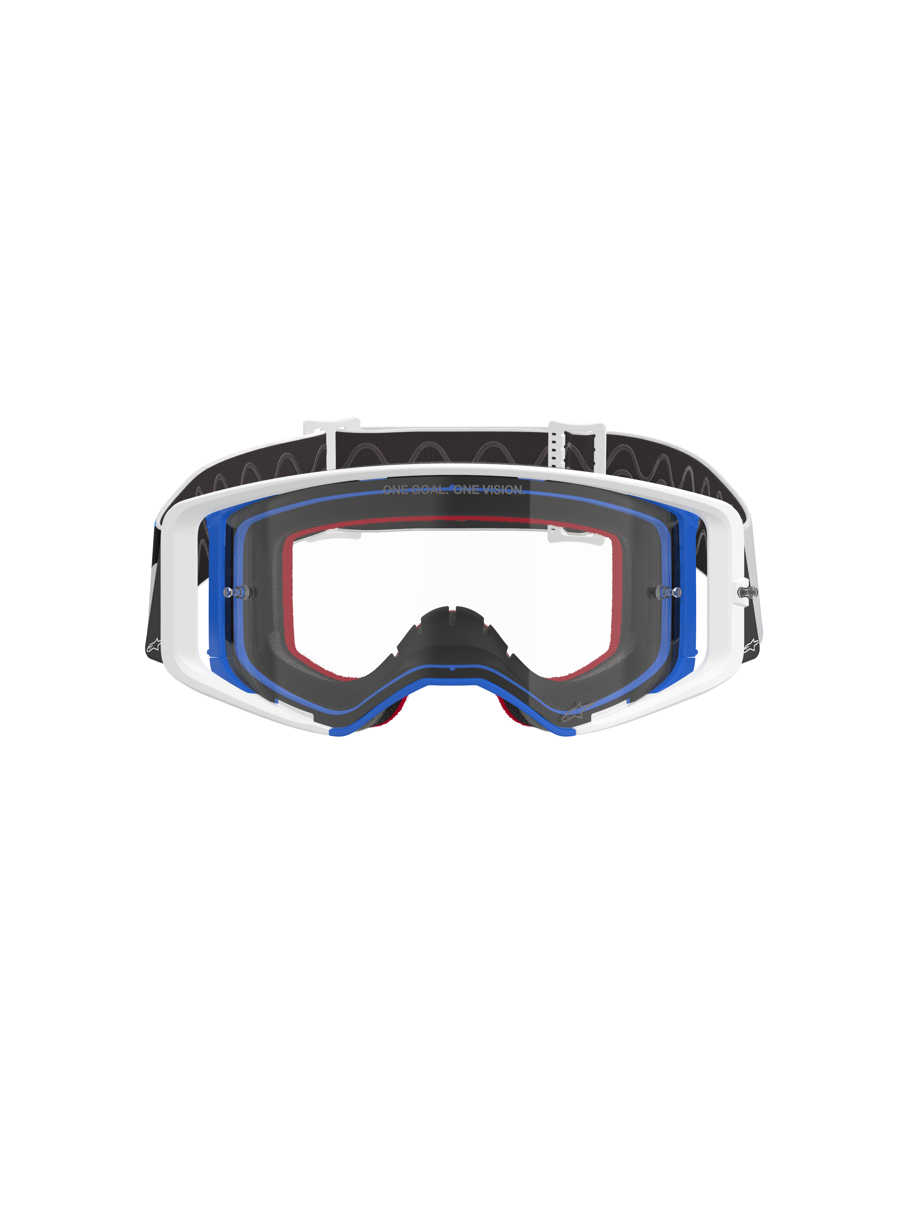 Alpinestars Supertech Corp Goggles, Motocross-Brille, Blau, Weiß und Orange mit klarem Glas, schwarzes Band mit weißem Logo, professionelle Offroad-Rennbrille mit weitem Sichtfeld und doppelt eingespritztem Rahmendesign