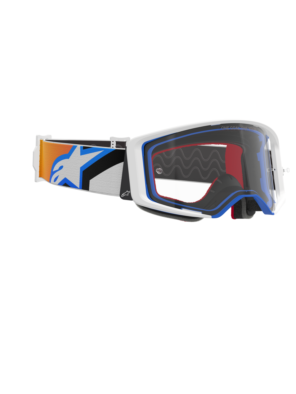 Alpinestars Supertech Corp Goggles, Motocross-Brille, Blau, Orange und Klar, Seitenansicht mit klarer Linse, weißer Rahmen mit blauen und roten Akzenten, breites Brillenband mit orangefarbenen und blauen Grafiken und großem weißen Alpinestars-Logo