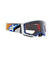 Alpinestars Supertech Corp Goggles, Motocross Goggles, Blue Orange and Clear, side view showing clear lens, white frame with blue and red accents, and wide strap with orange and blue graphics and large white Alpinestars logo.