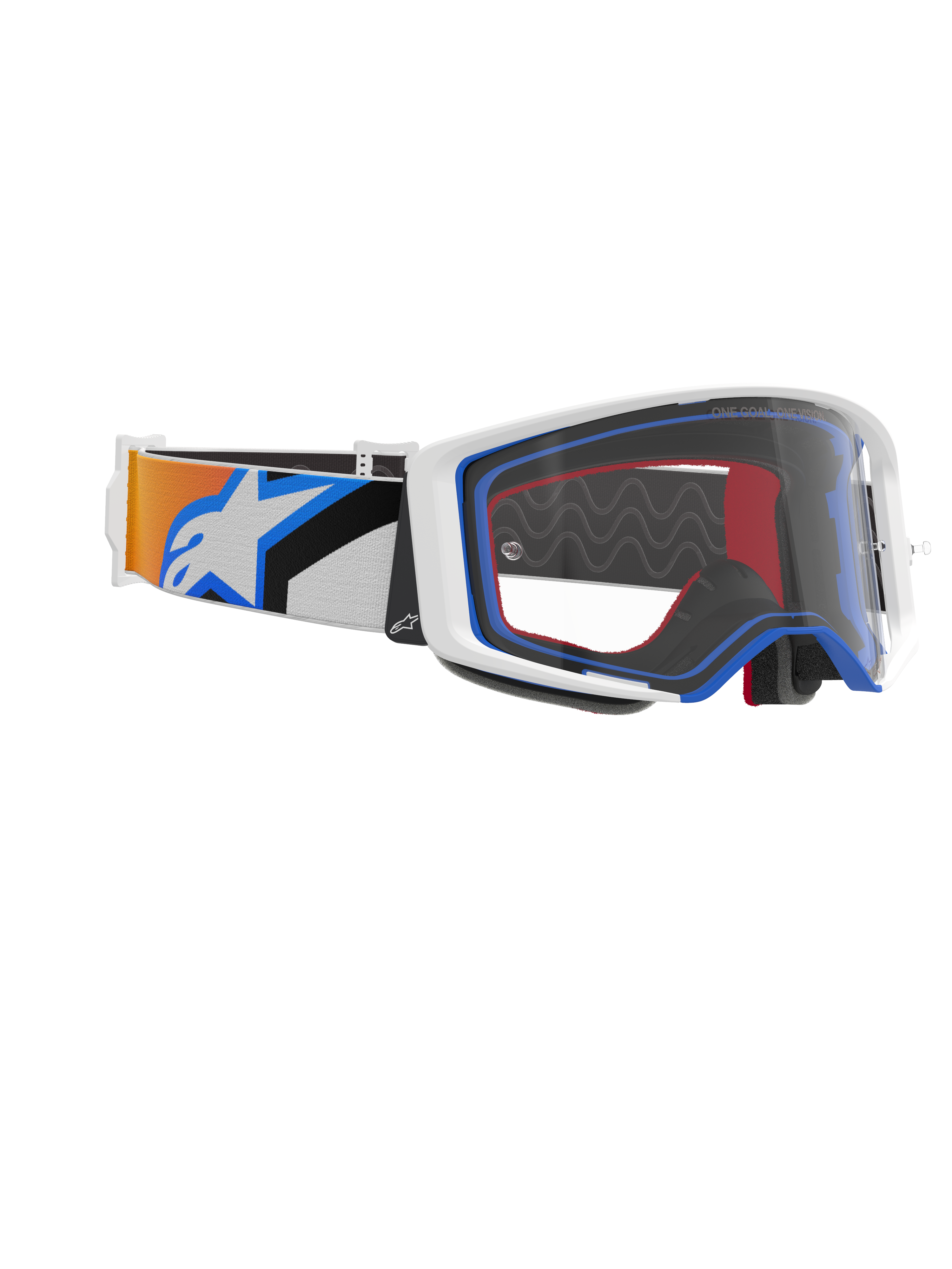 Alpinestars Supertech Corp Goggles, Motocross-Brille, Blau, Orange und Klar, Seitenansicht mit klarer Linse, weißer Rahmen mit blauen und roten Akzenten, breites Brillenband mit orangefarbenen und blauen Grafiken und großem weißen Alpinestars-Logo
