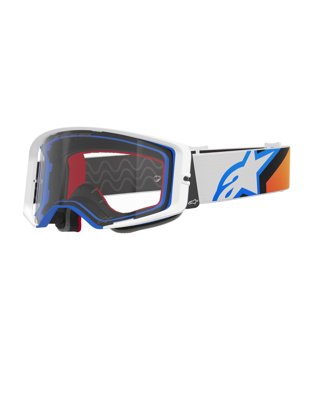 Alpinestars Supertech Corp Goggles, Motocross-Brille, Blau, Orange und Weiß, Klare Scheibe mit weißem Rahmen und blauen Akzenten, breites Band mit Alpinestars Stern-Logo und Silikon-Grip, Hochleistungs-Schutzbrille für den Offroad-Rennsport