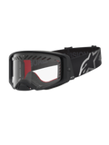 Alpinestars Supertech Dura Air Fluid Schutzbrille für Motocross, Schwarz und Silber, klare Scheibe und breites Logoband.
