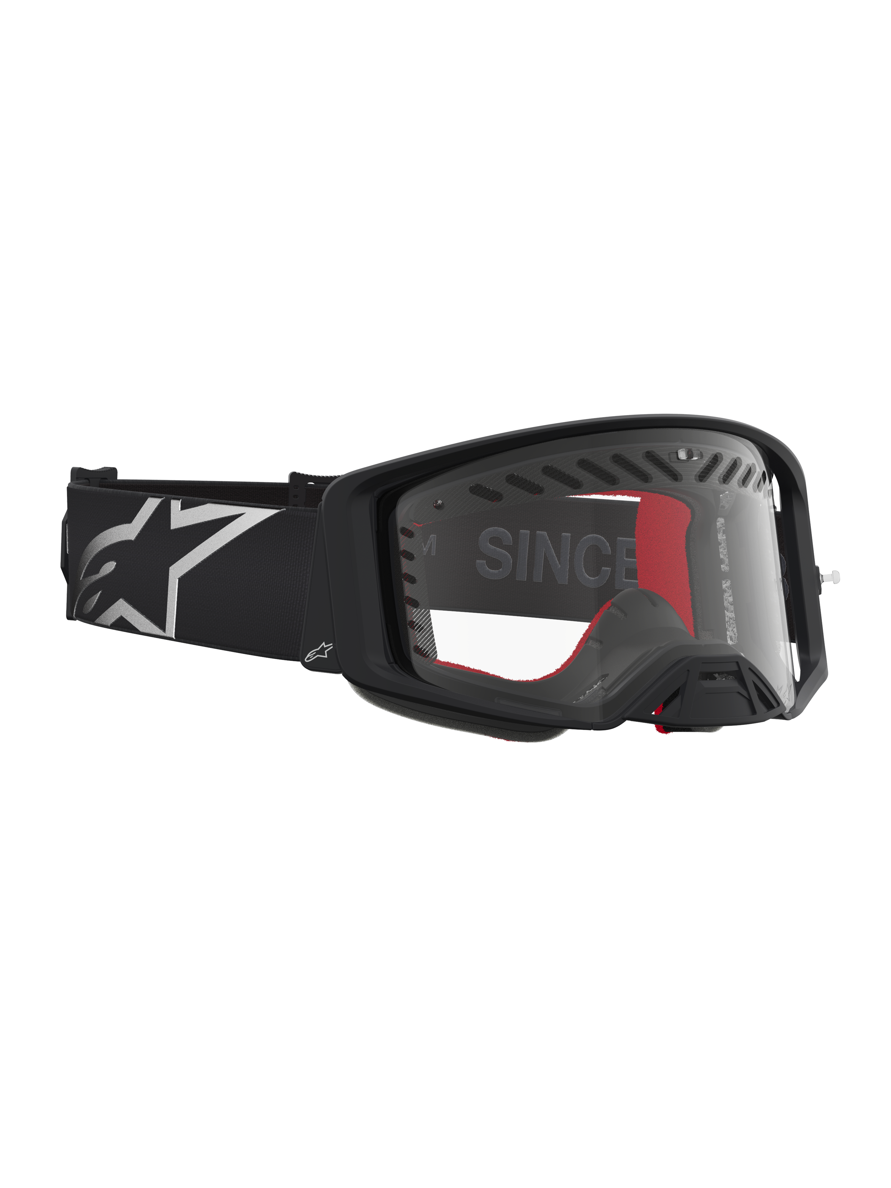 Alpinestars Supertech Dura Air Fluid Schutzbrille, MX-Rennbrille in Schwarz und Silber mit klarer Polycarbonat-Linse.