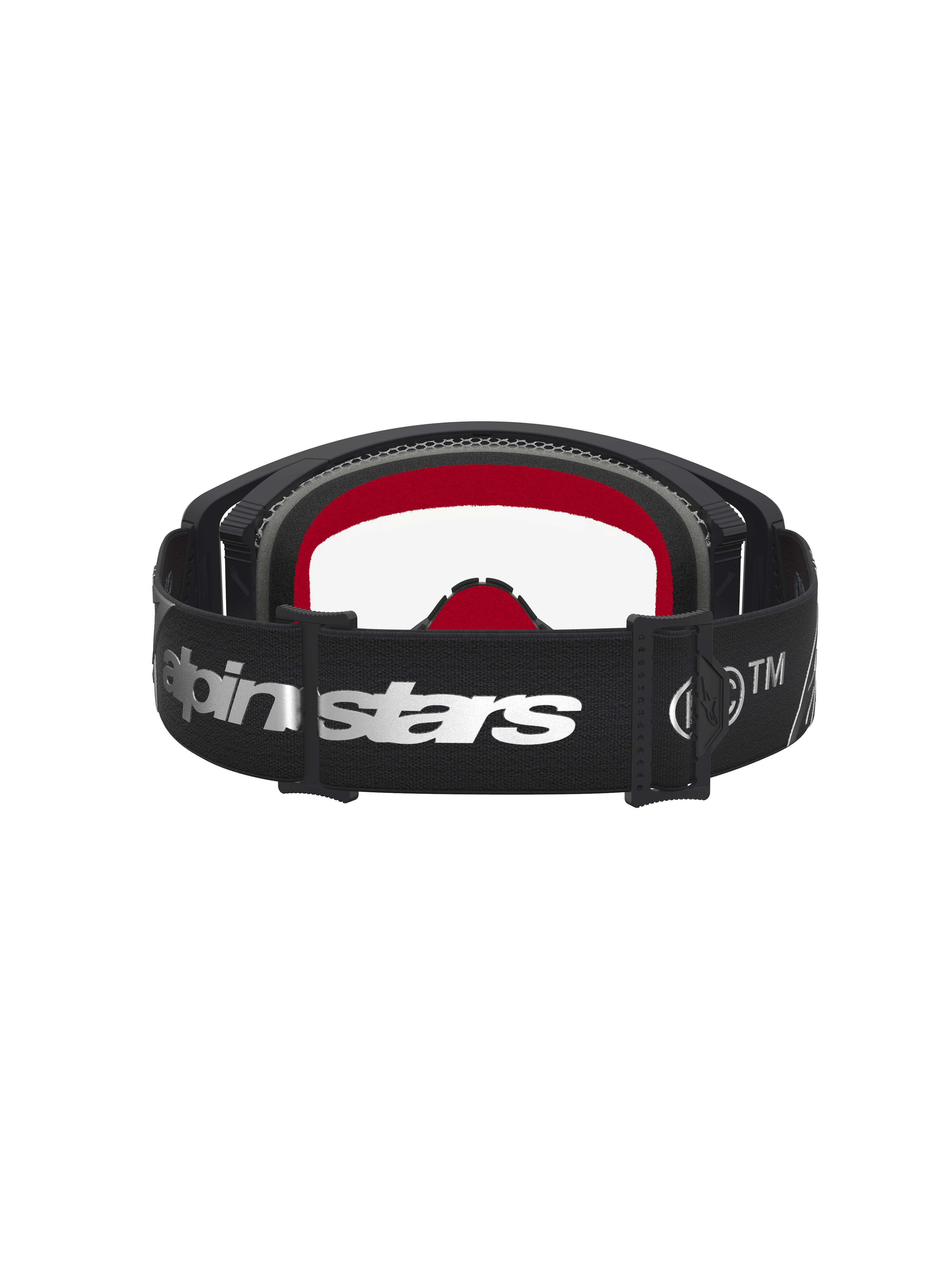 Alpinestars Supertech Dura Air Fluid Motocross-Schutzbrille, Schwarz und Silber, klare Scheibe und rote Innenpolsterung.